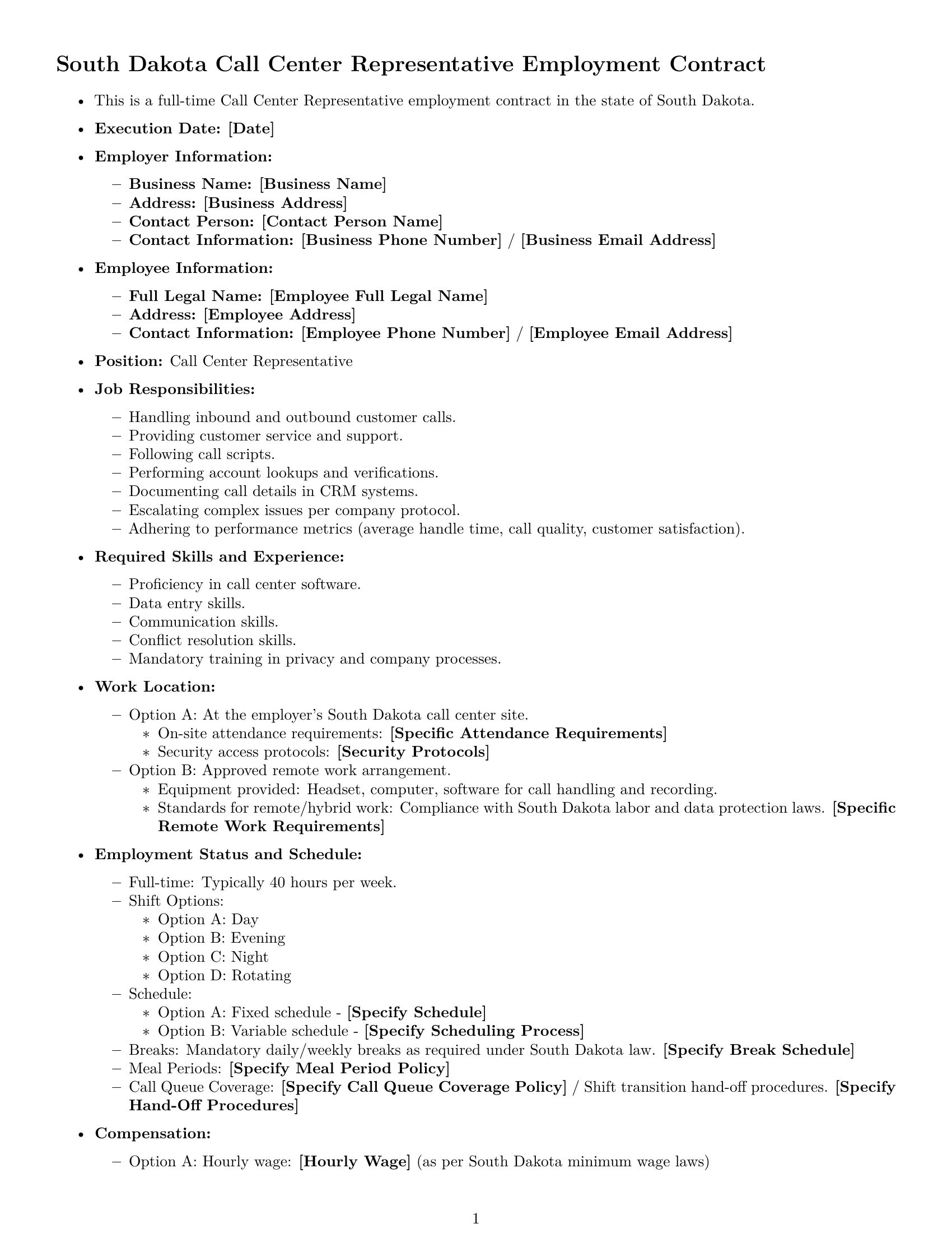 Preview page 1 of Free South Dakota call center representative employment contract template