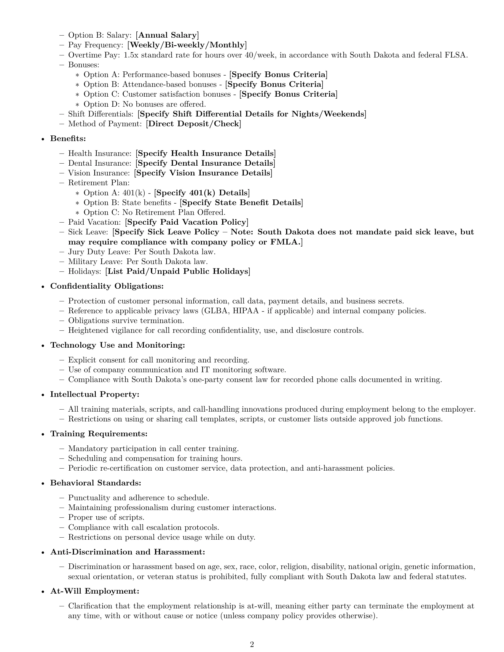 Preview page 2 of Free South Dakota call center representative employment contract template