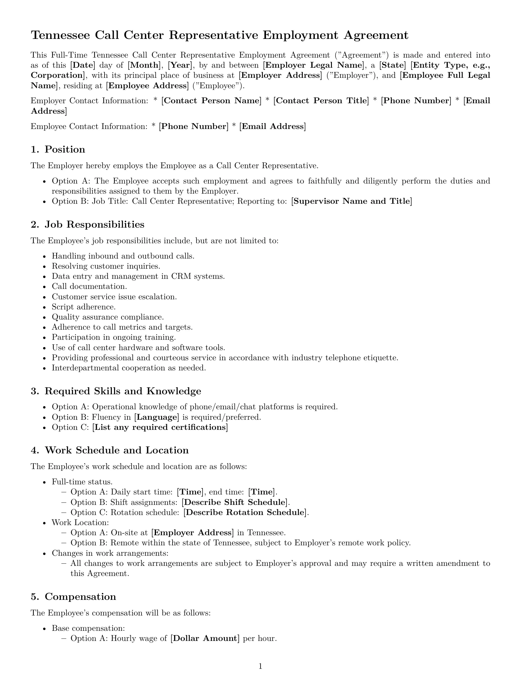 Preview page 1 of Free Tennessee call center representative employment contract template