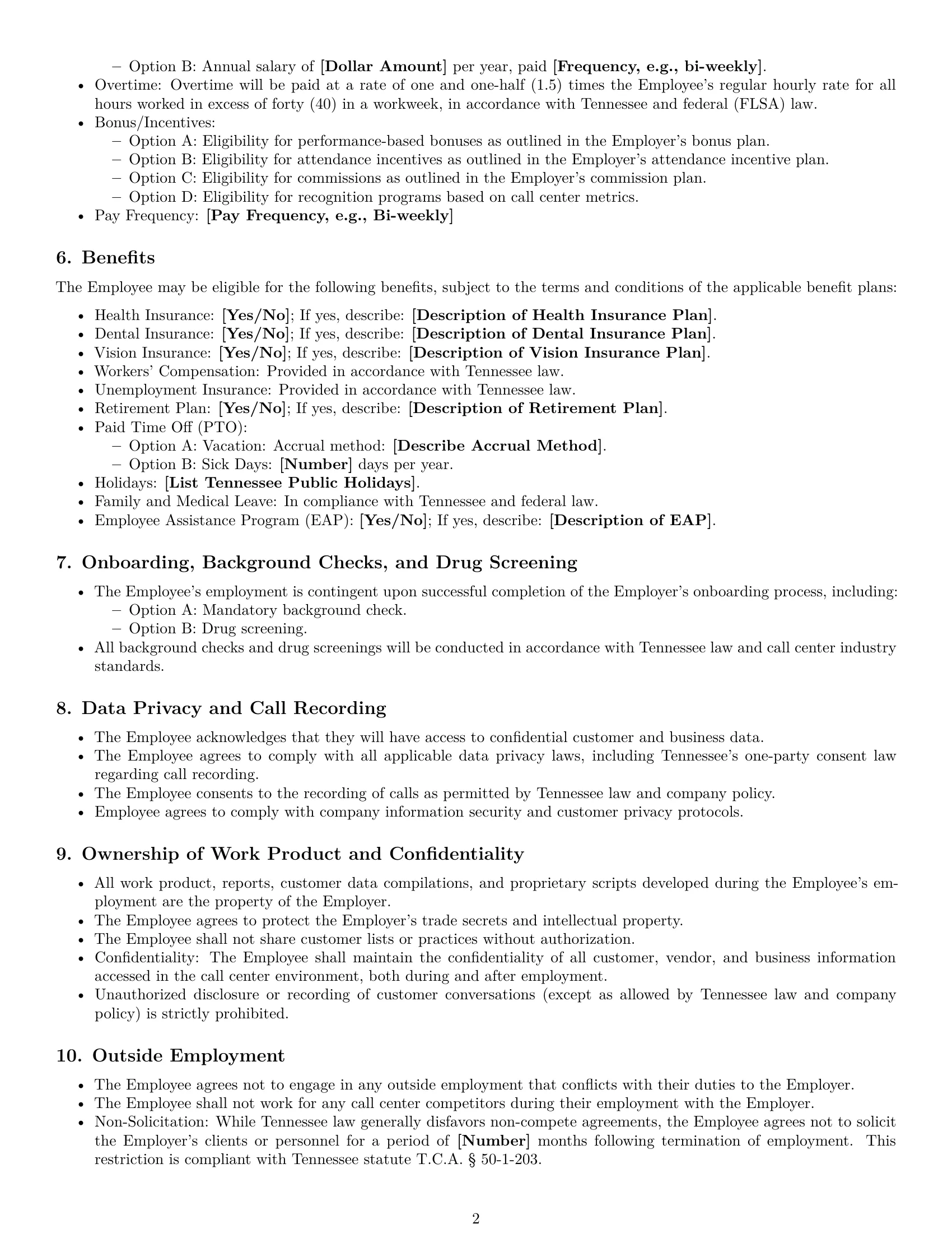 Preview page 2 of Free Tennessee call center representative employment contract template