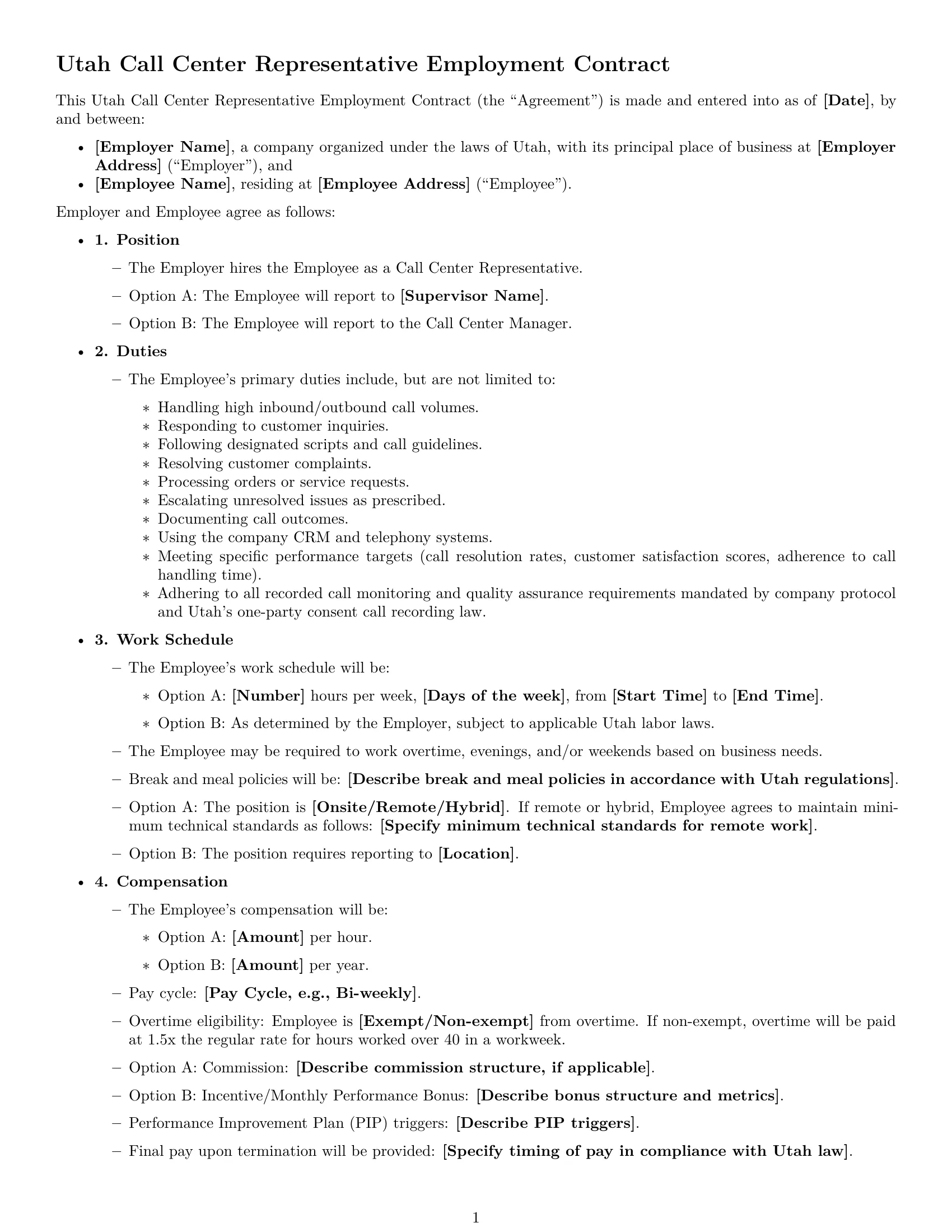 Preview page 1 of Free Utah call center representative employment contract template