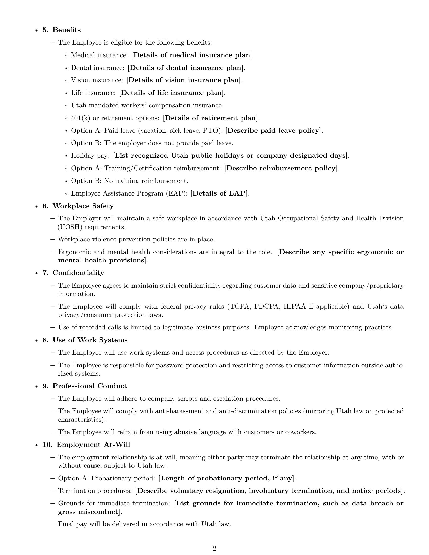Preview page 2 of Free Utah call center representative employment contract template