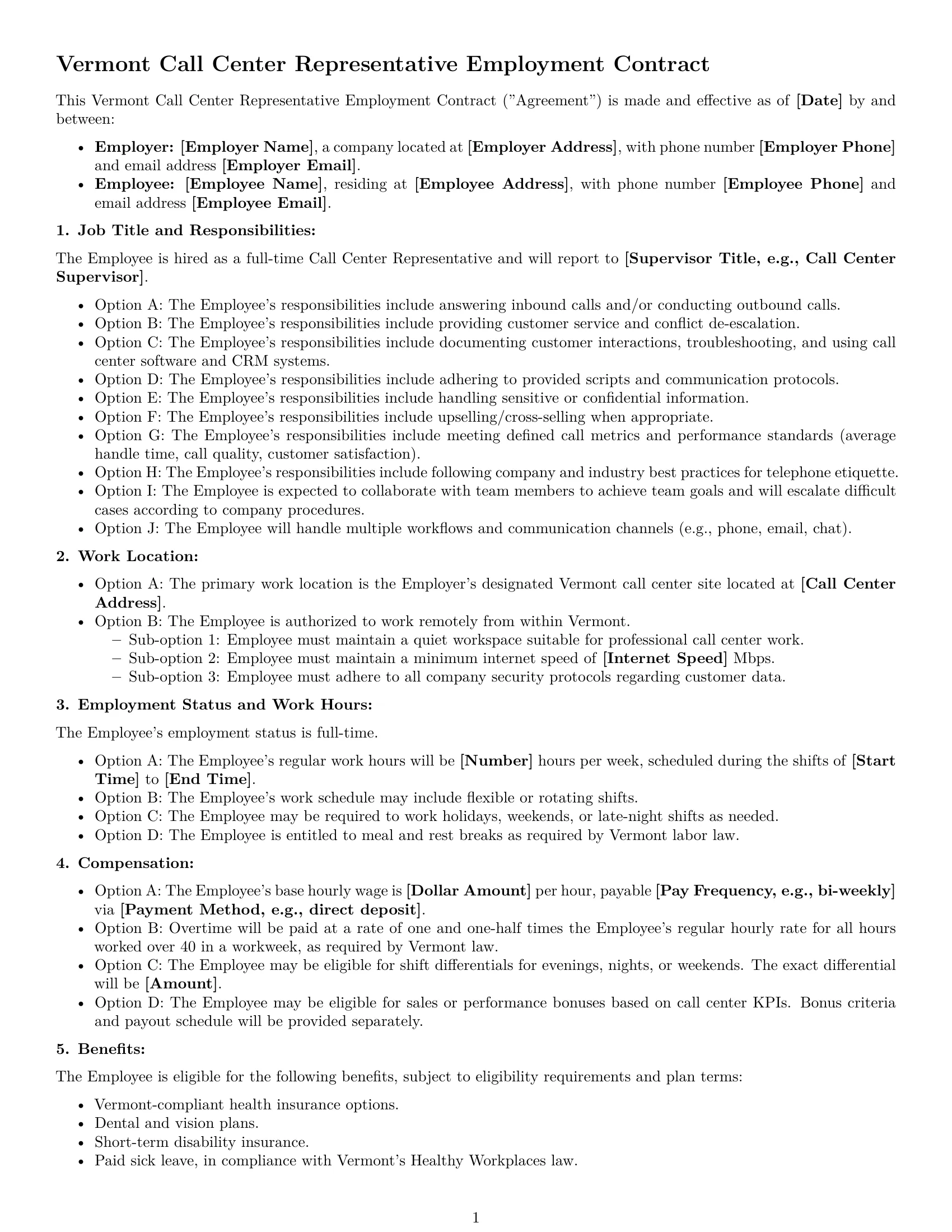Preview page 1 of Free Vermont call center representative employment contract template