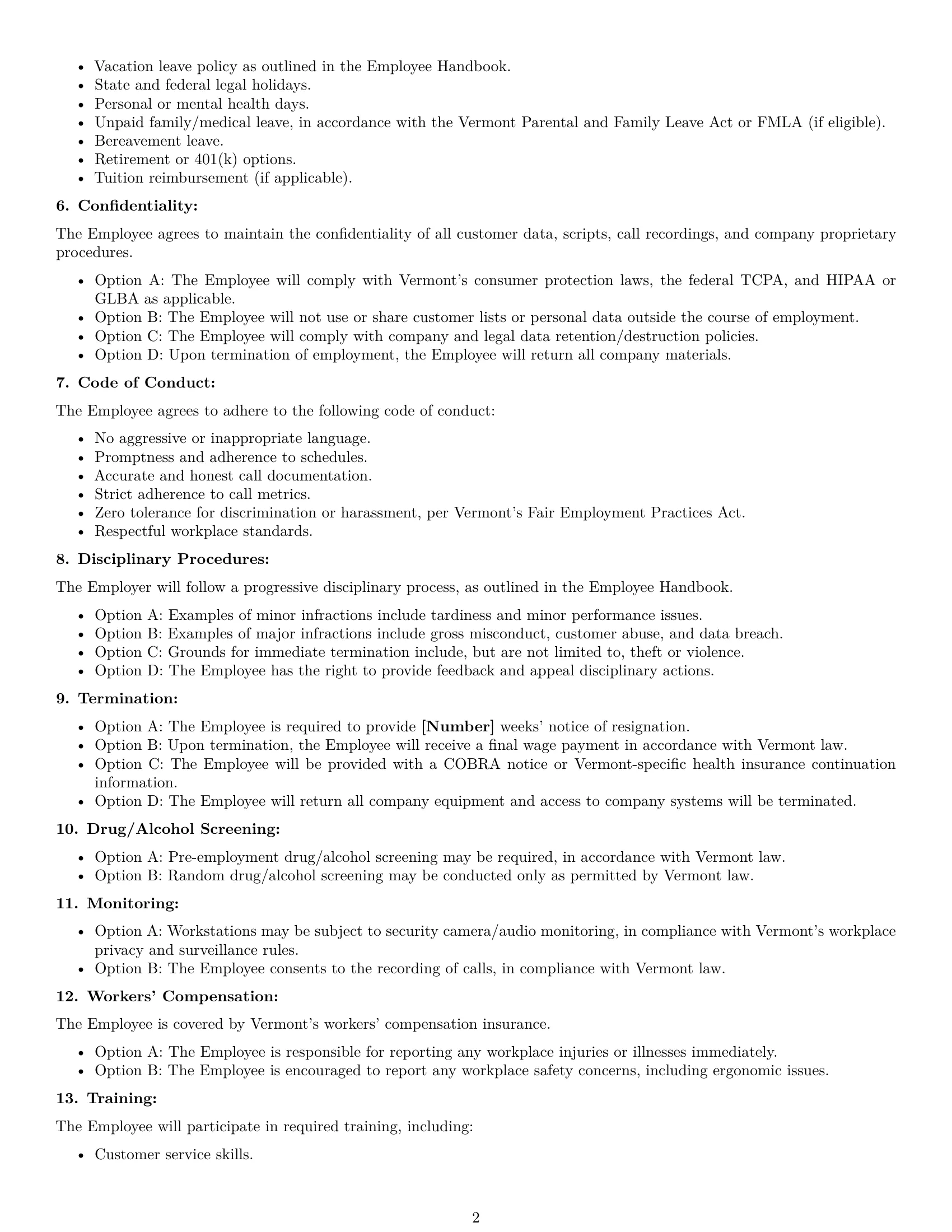 Preview page 2 of Free Vermont call center representative employment contract template