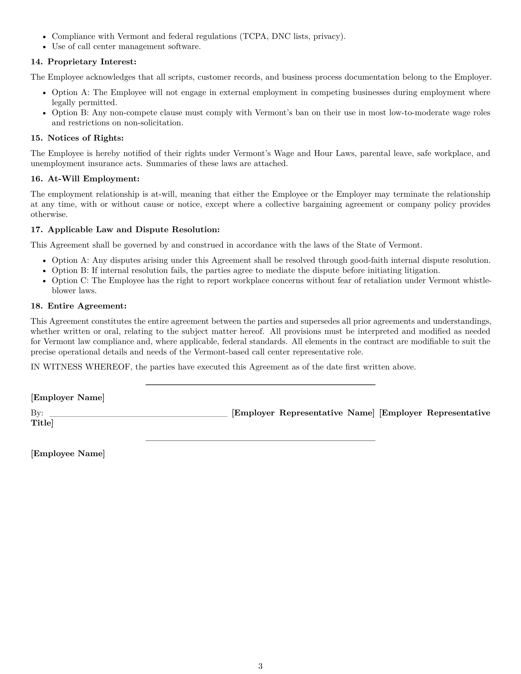Preview page 3 of Free Vermont call center representative employment contract template