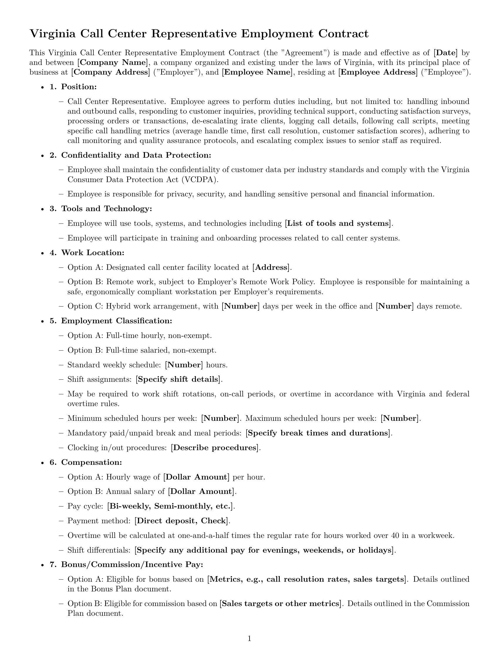 Preview page 1 of Free Virginia call center representative employment contract template