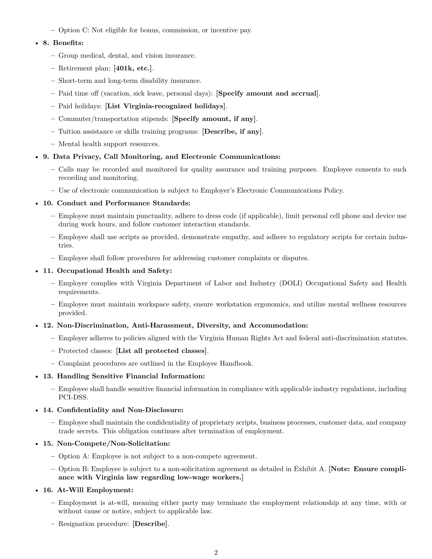 Preview page 2 of Free Virginia call center representative employment contract template