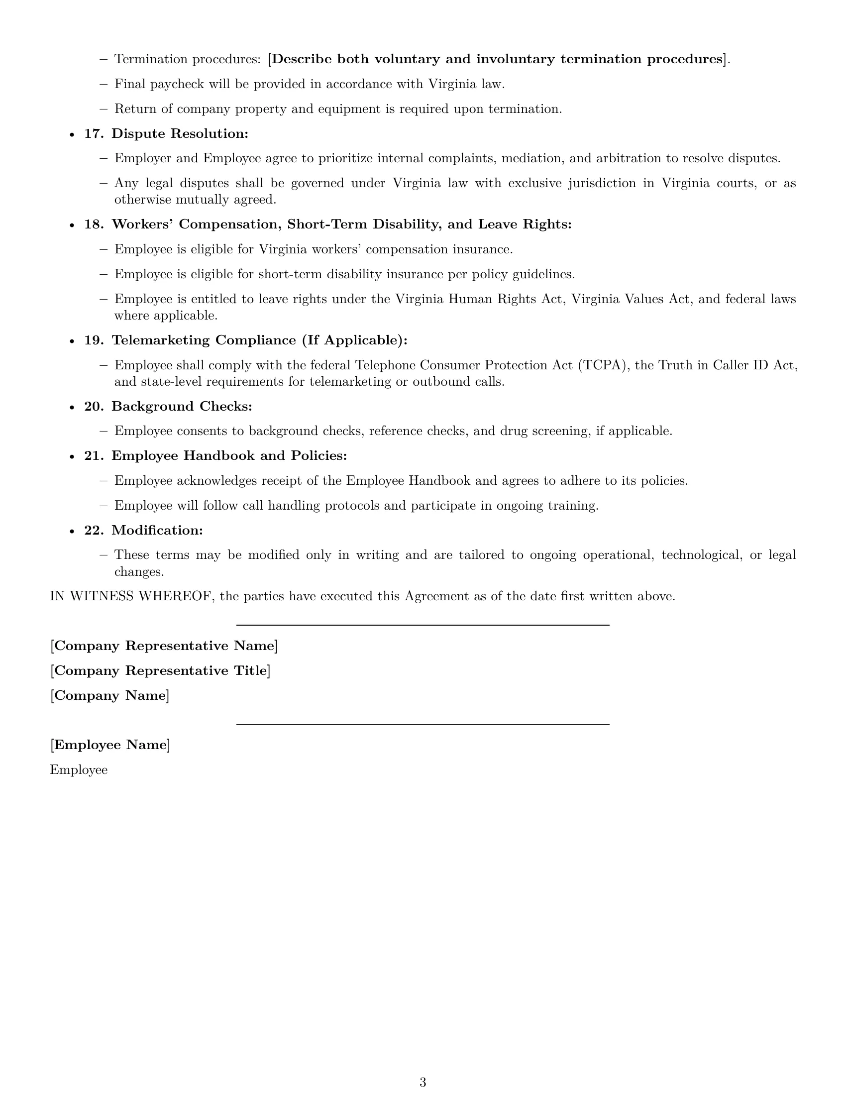 Preview page 3 of Free Virginia call center representative employment contract template
