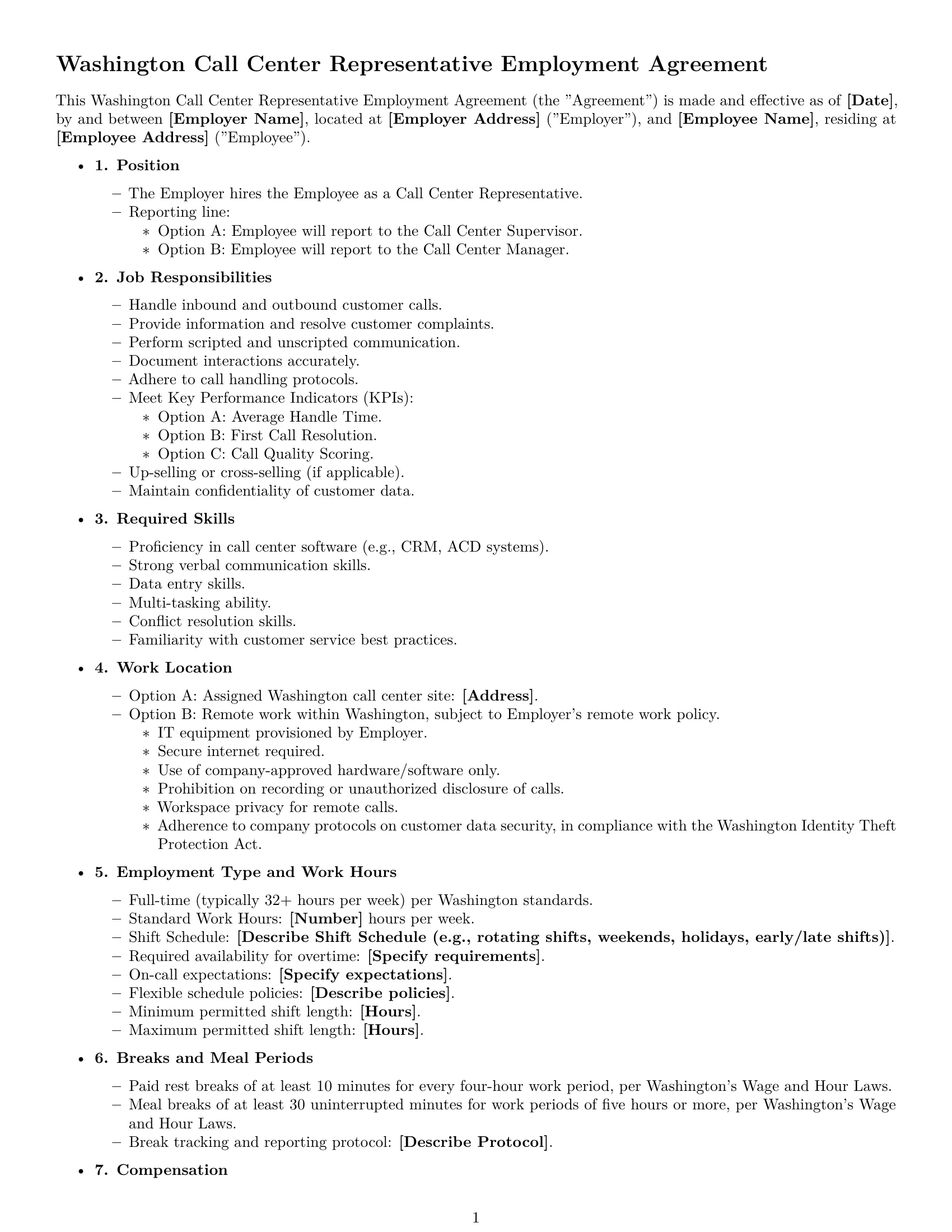 Preview page 1 of Free Washington call center representative employment contract template