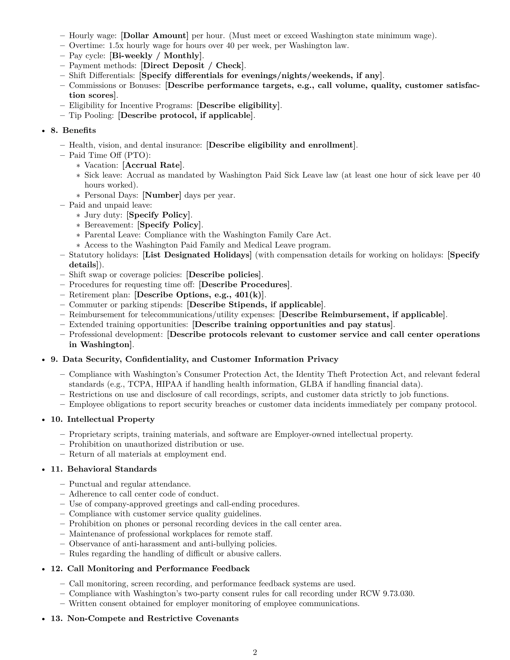 Preview page 2 of Free Washington call center representative employment contract template