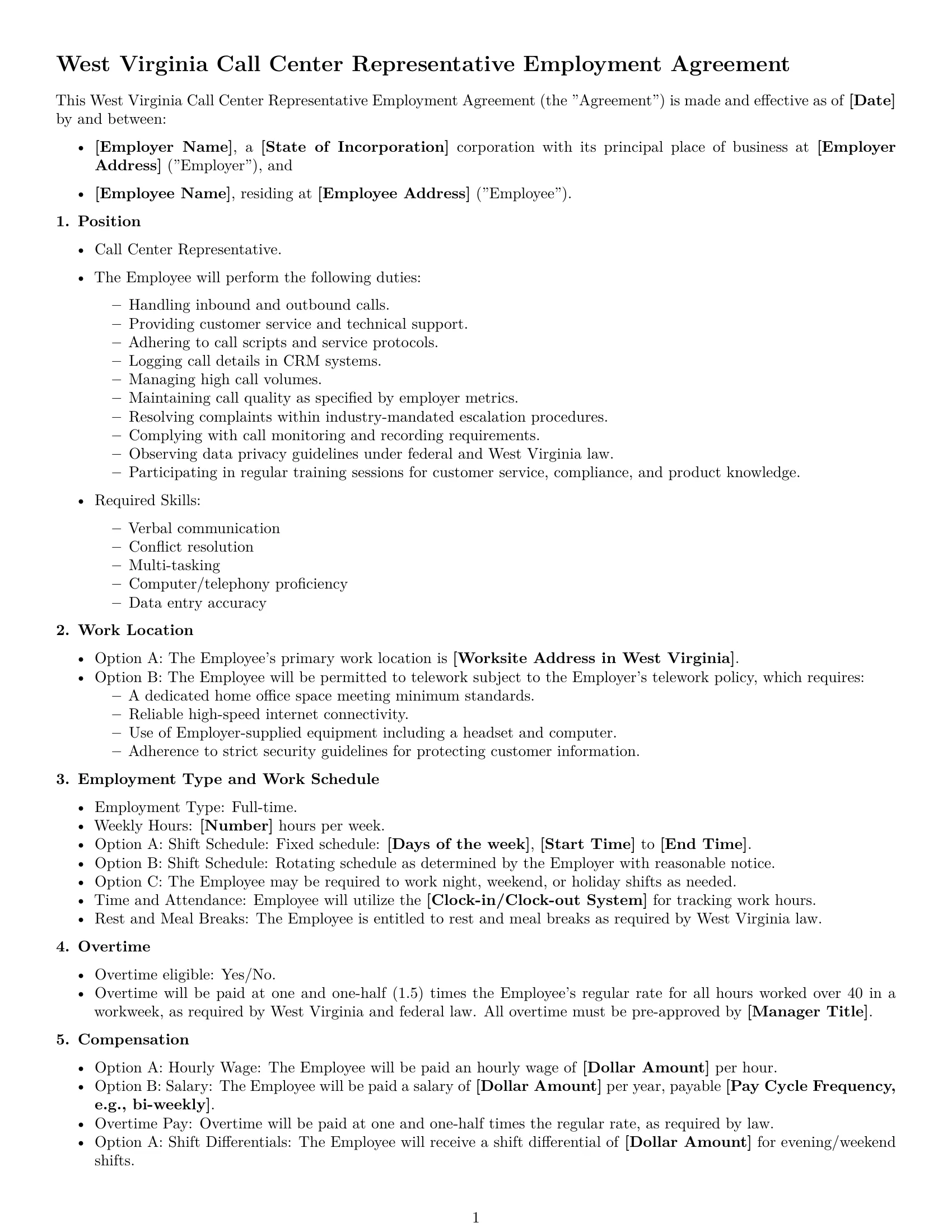 Preview page 1 of Free West Virginia call center representative employment contract template