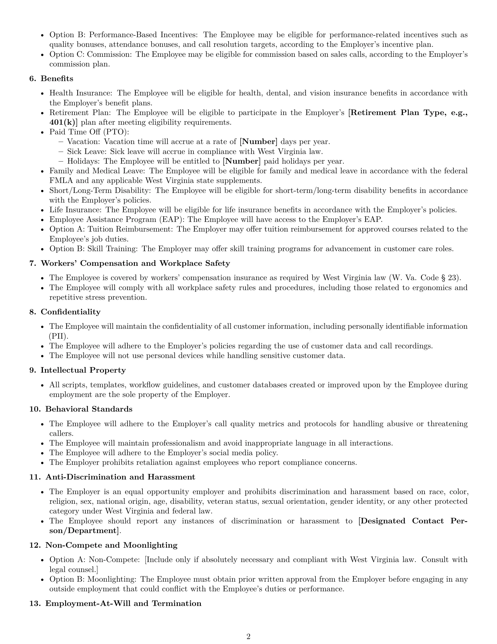Preview page 2 of Free West Virginia call center representative employment contract template