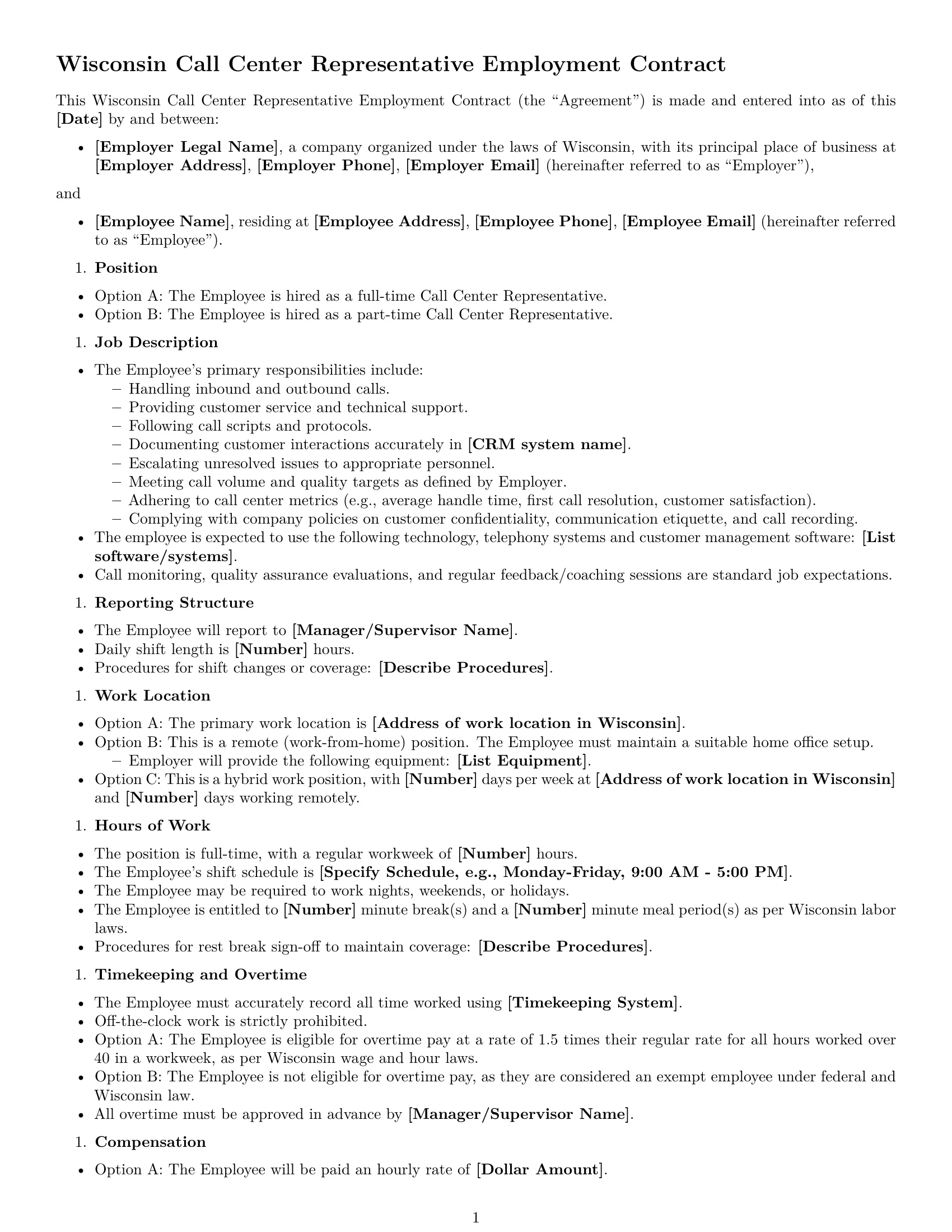 Preview page 1 of Free Wisconsin call center representative employment contract template