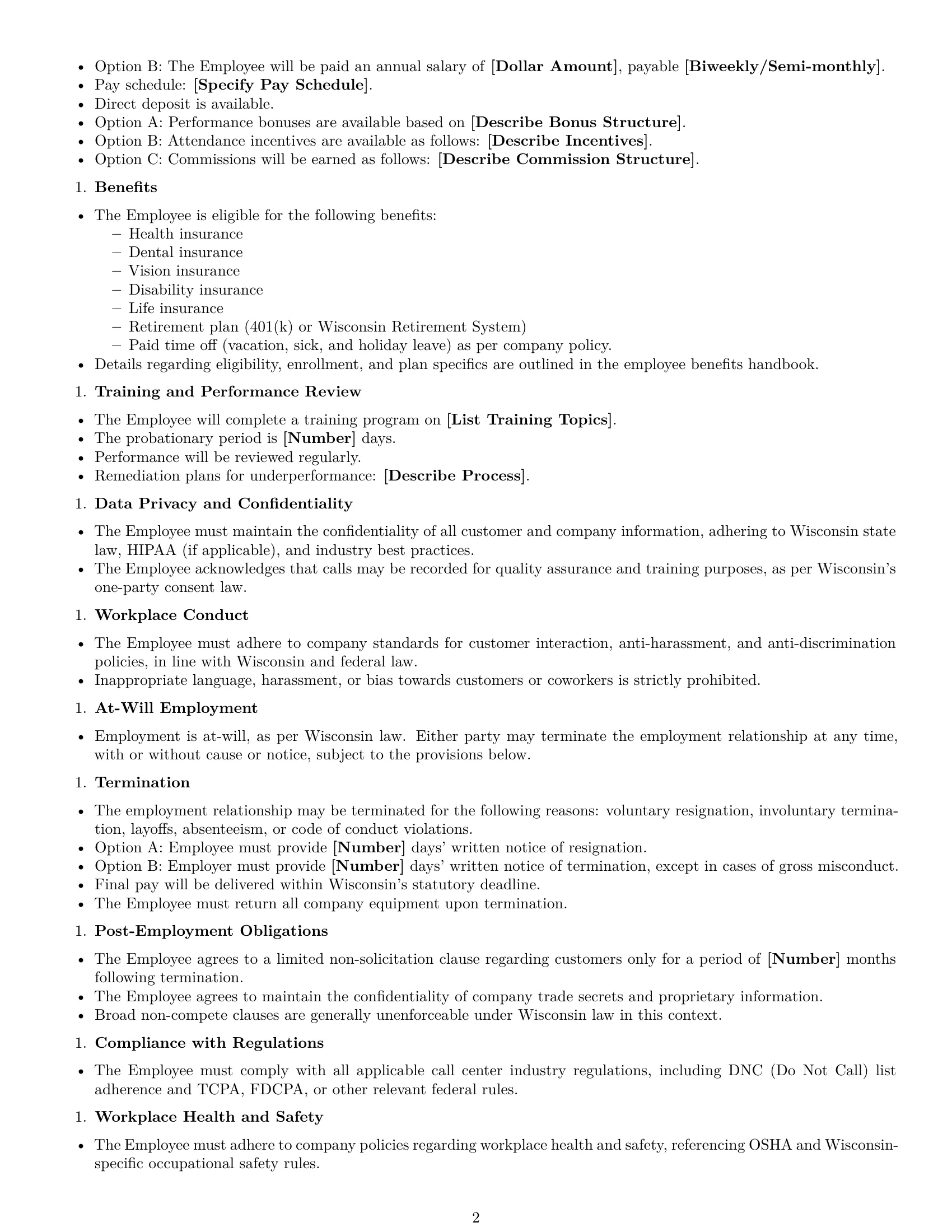 Preview page 2 of Free Wisconsin call center representative employment contract template