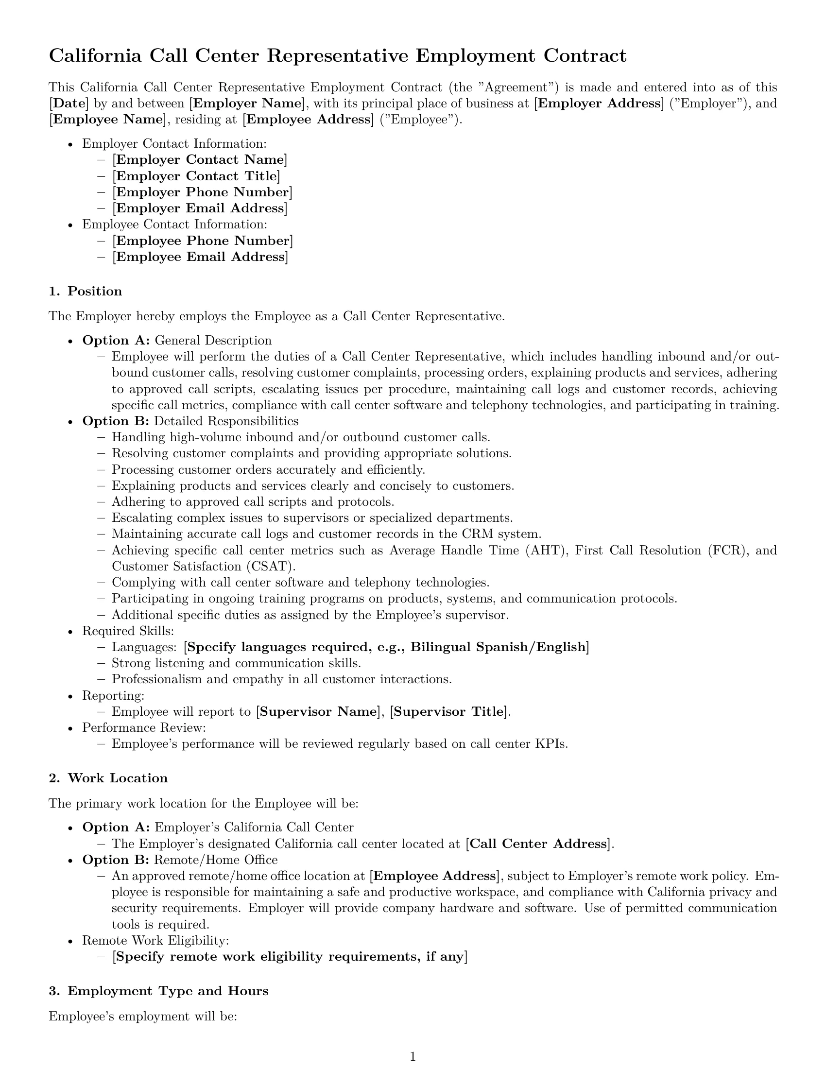 Preview page 1 of Free California call center representative employment contract template
