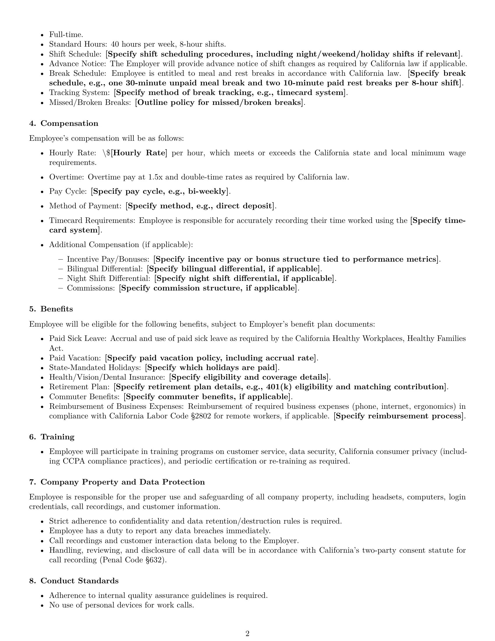 Preview page 2 of Free California call center representative employment contract template