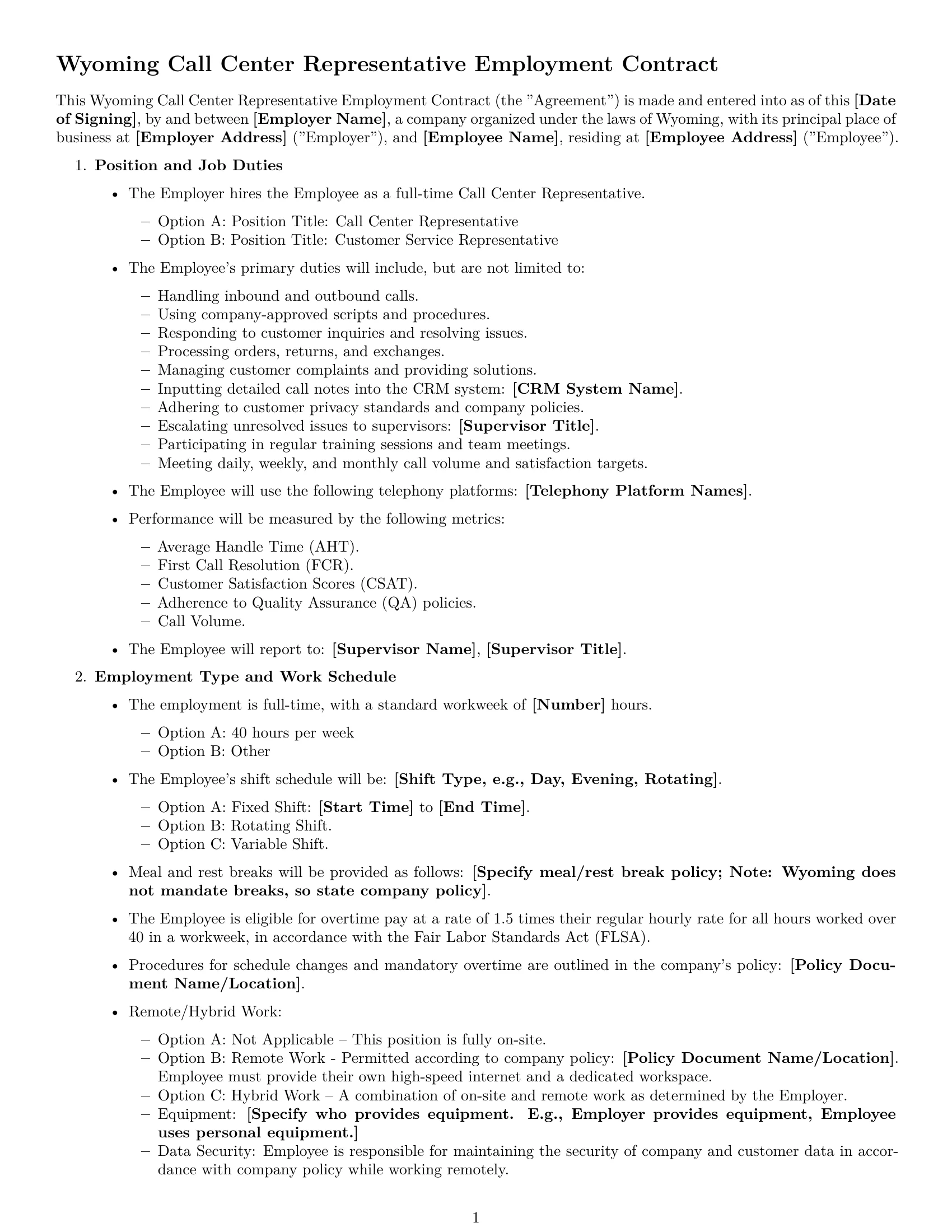 Preview page 1 of Free Wyoming call center representative employment contract template