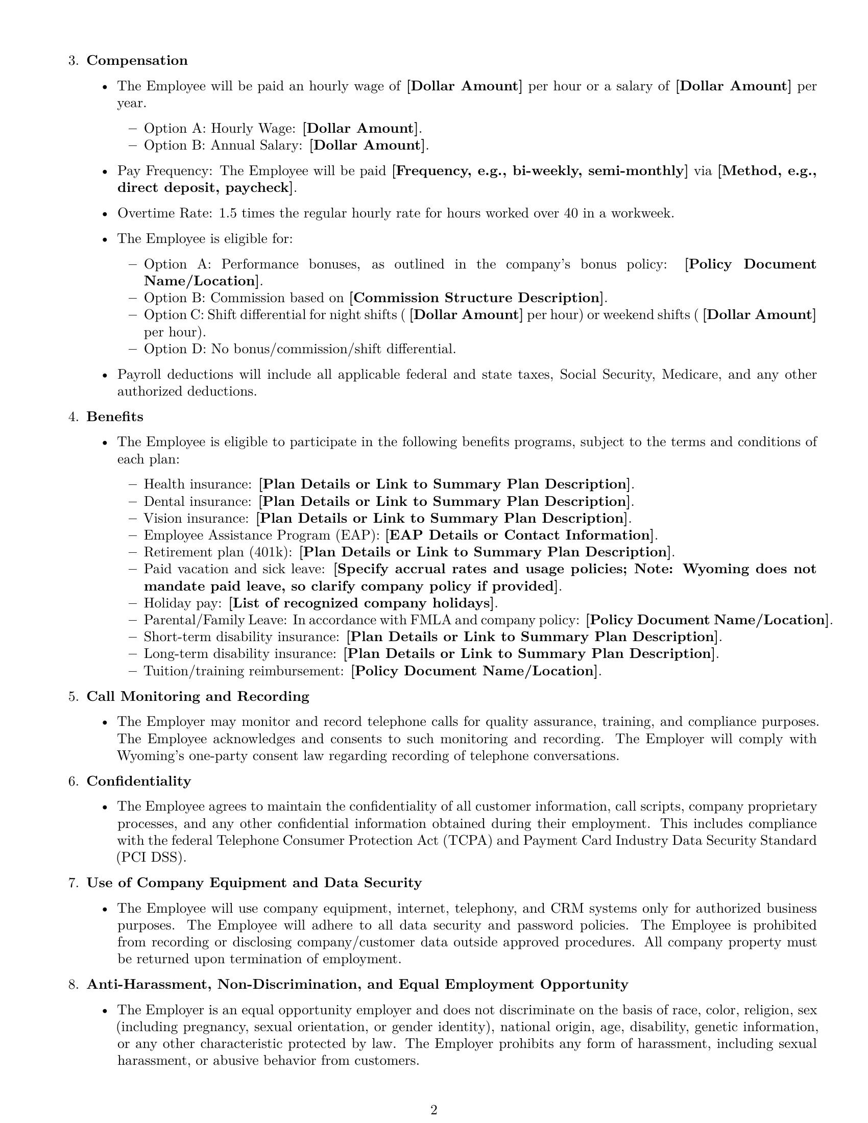 Preview page 2 of Free Wyoming call center representative employment contract template