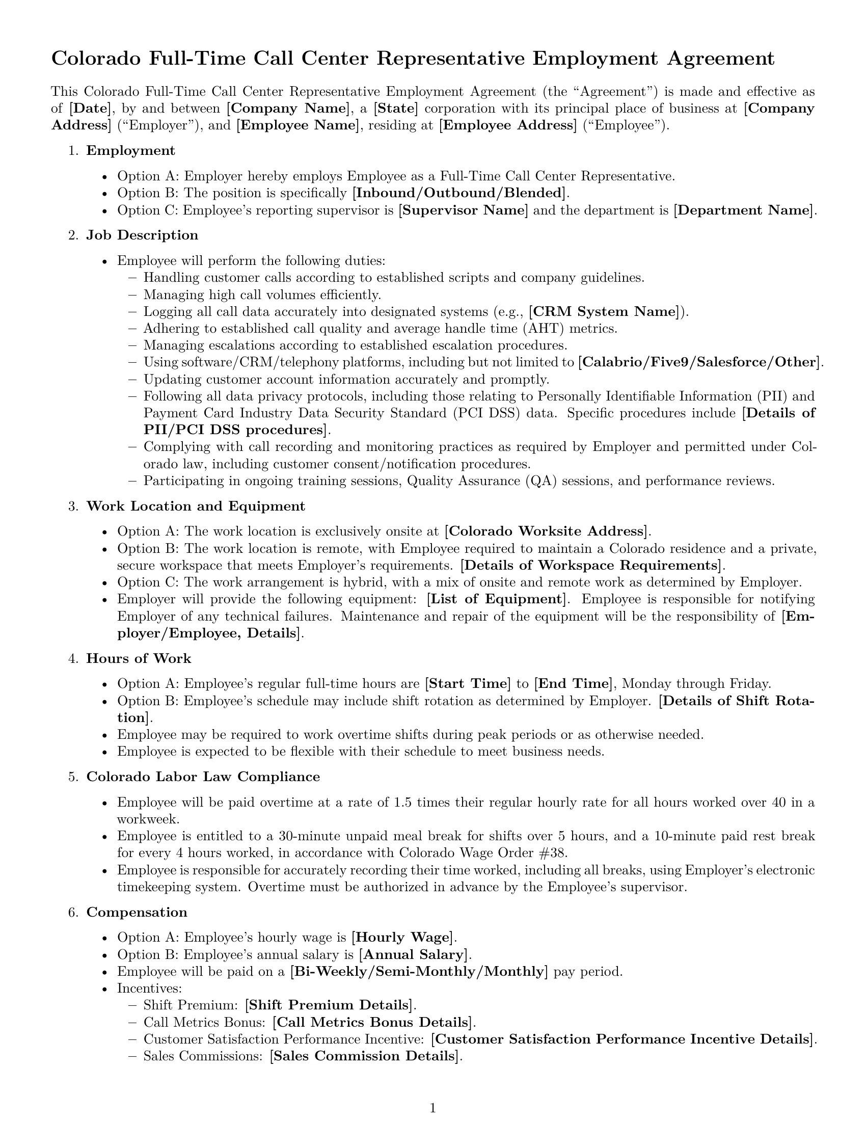 Preview page 1 of Free Colorado call center representative employment contract template