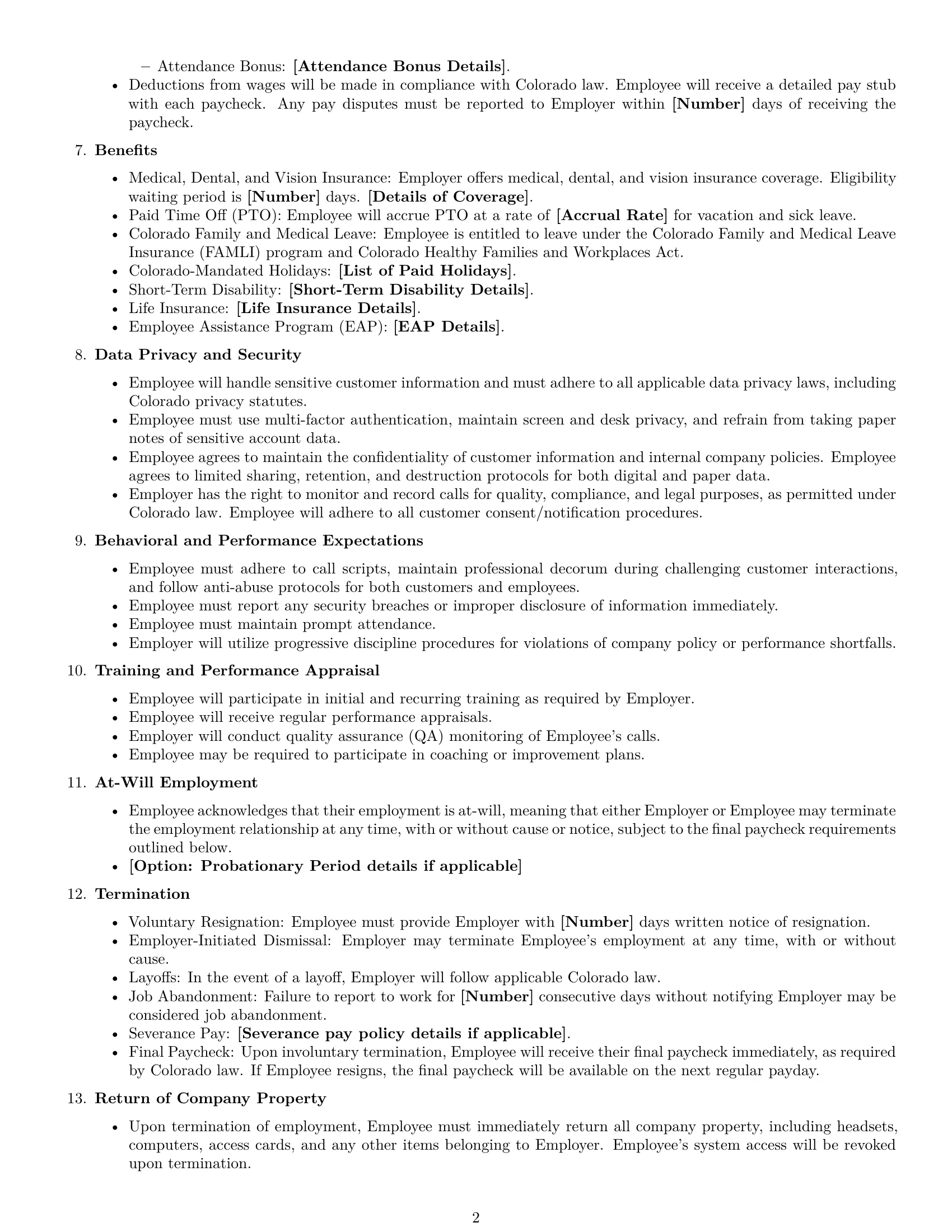 Preview page 2 of Free Colorado call center representative employment contract template