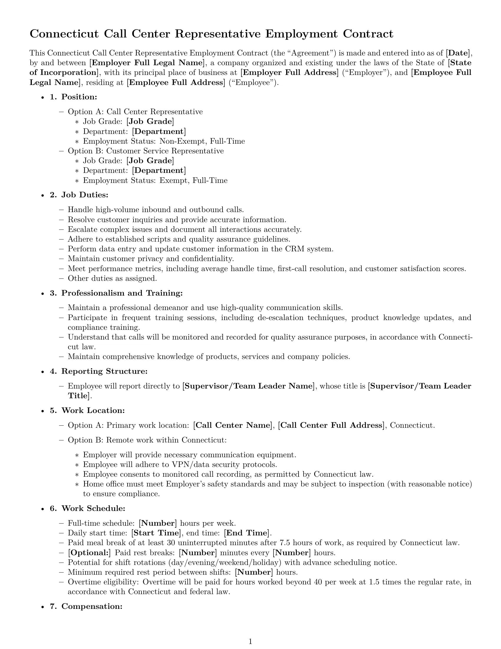 Preview page 1 of Free Connecticut call center representative employment contract template