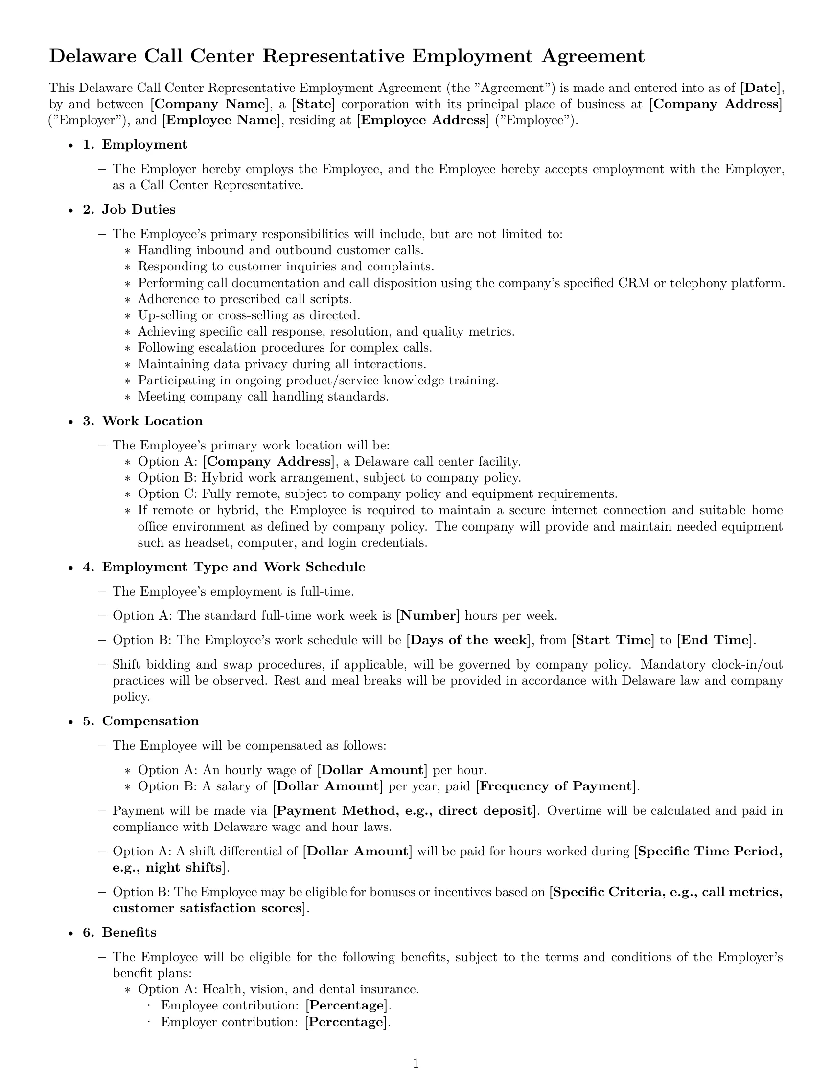 Preview page 1 of Free Delaware call center representative employment contract template