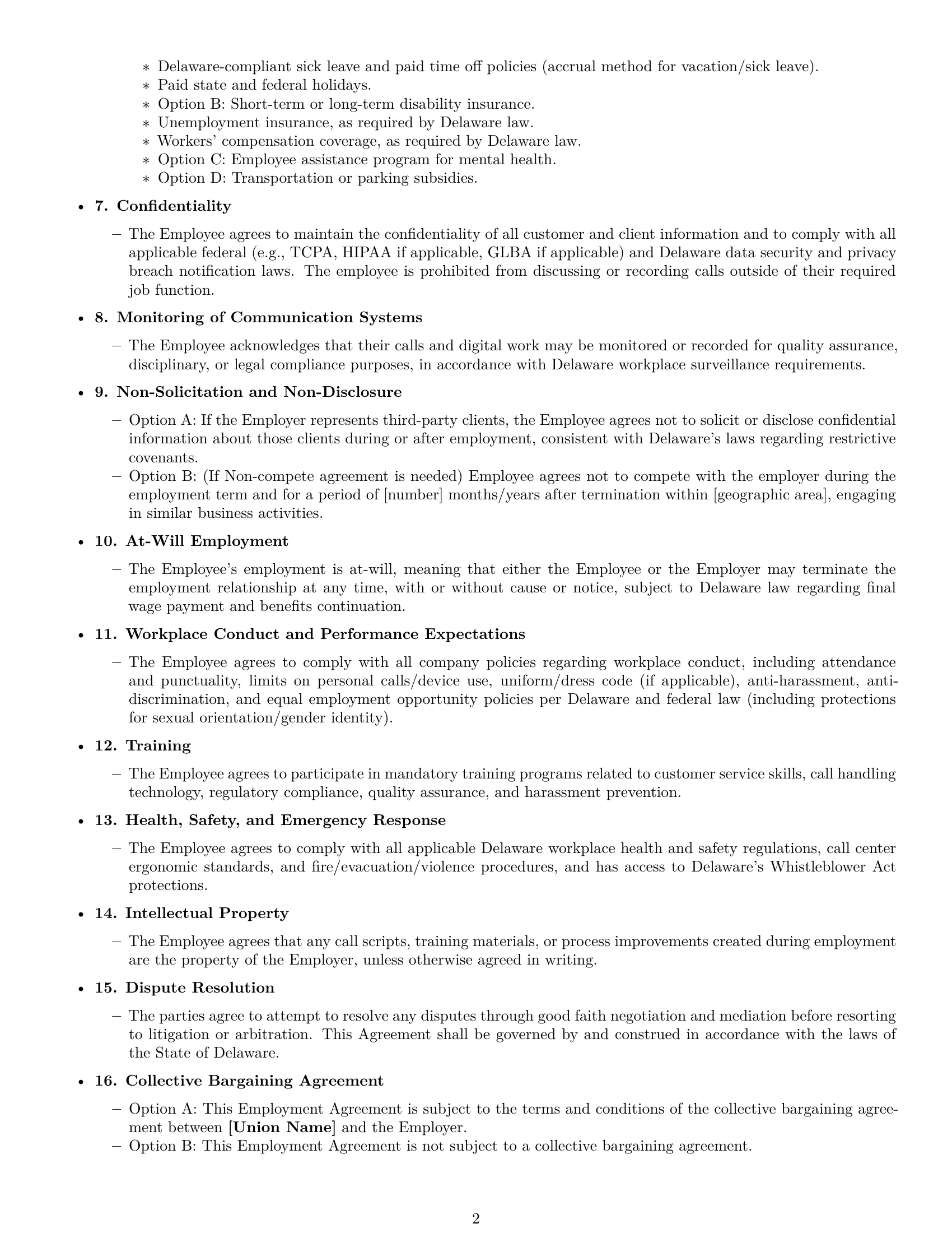 Preview page 2 of Free Delaware call center representative employment contract template
