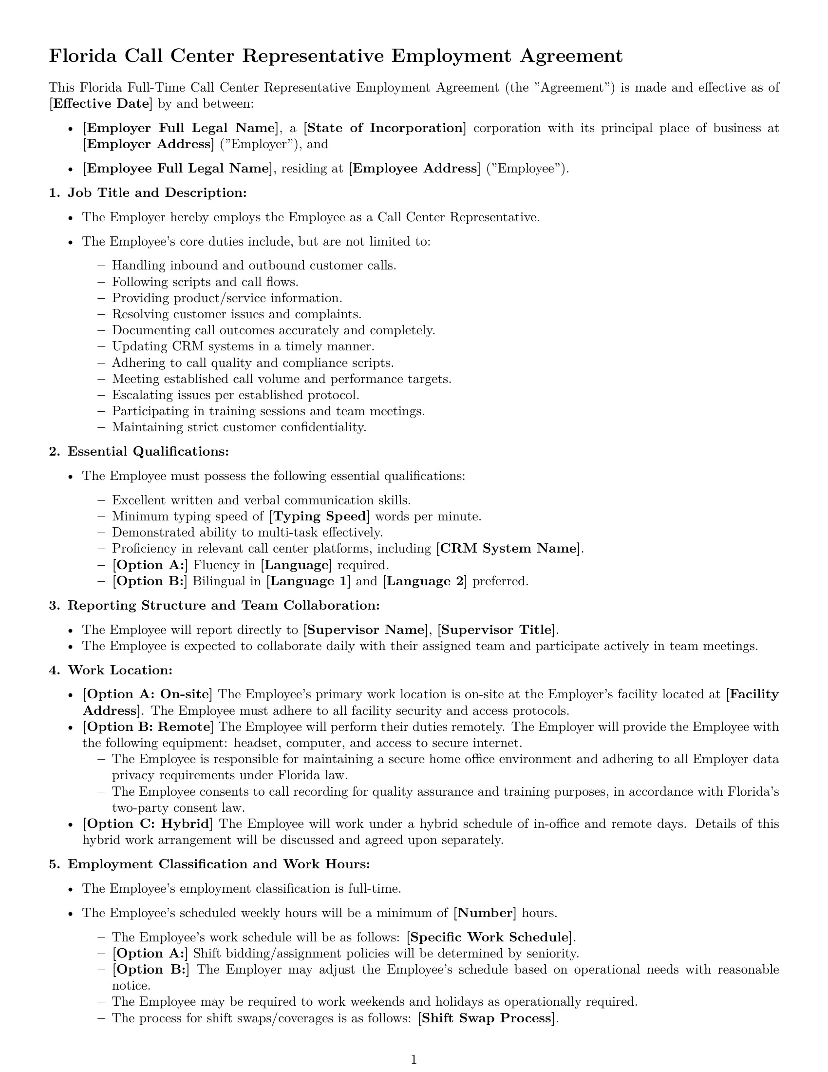 Preview page 1 of Free Florida call center representative employment contract template