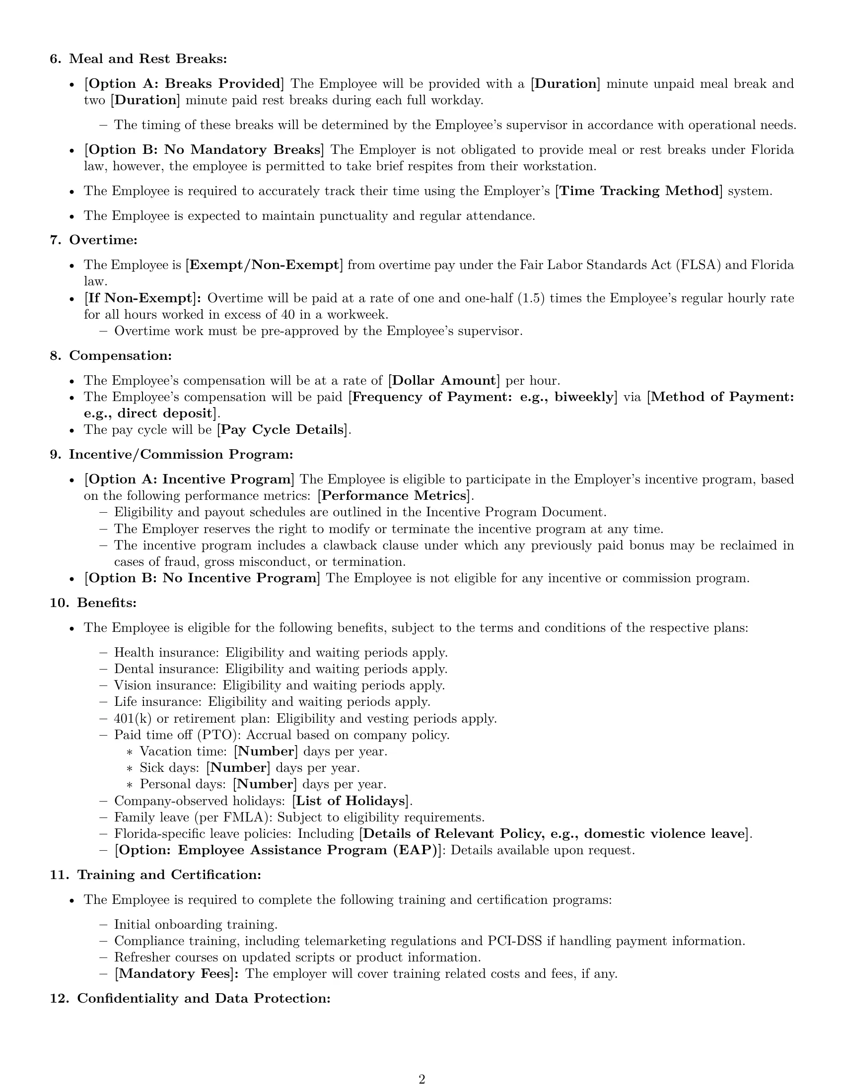 Preview page 2 of Free Florida call center representative employment contract template