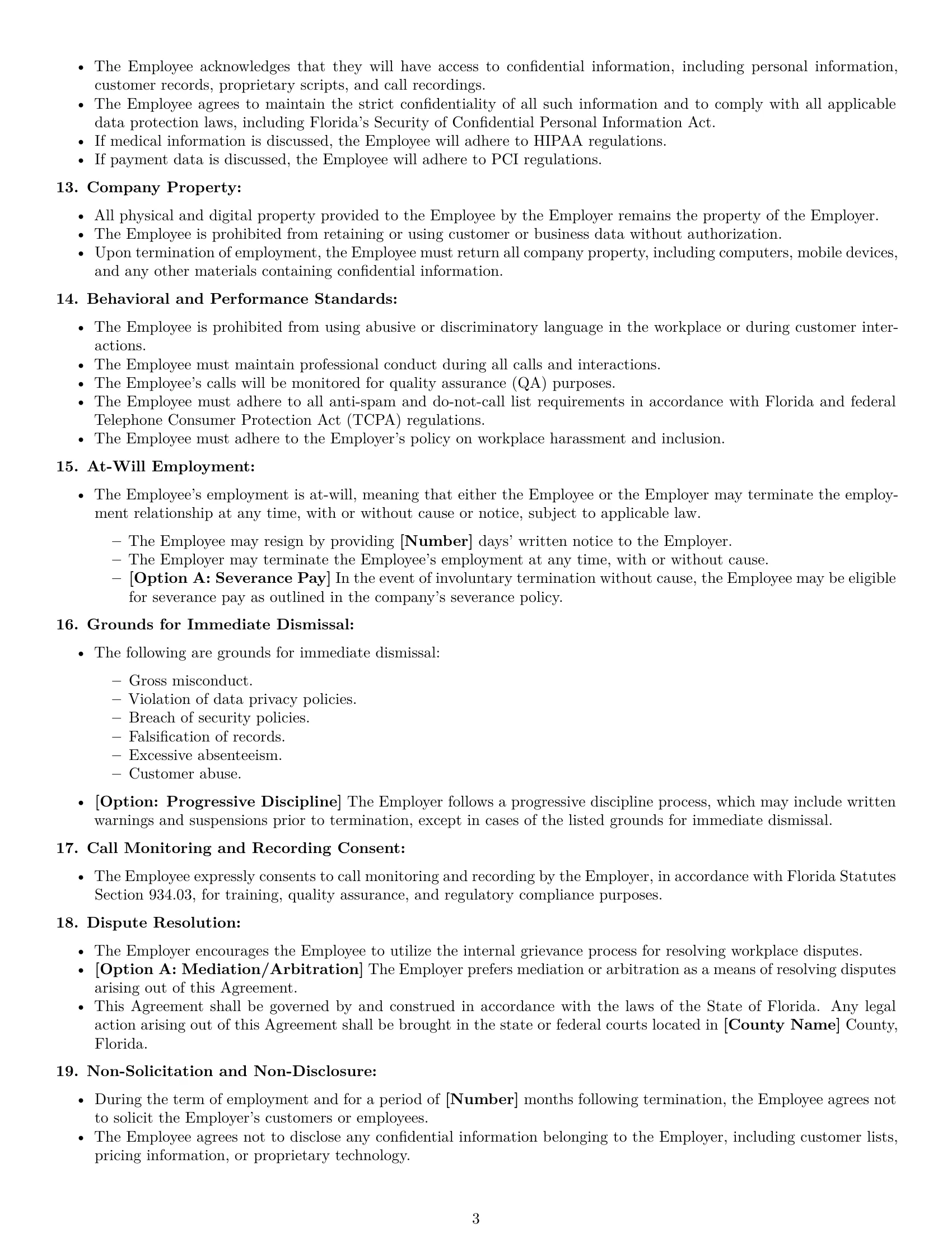 Preview page 3 of Free Florida call center representative employment contract template