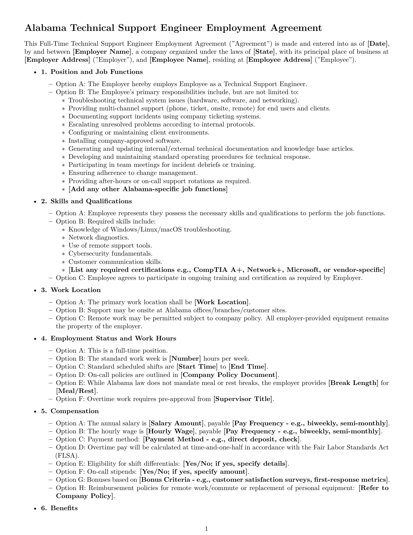 Preview page 1 of Free Alabama technical support engineer employment contract template