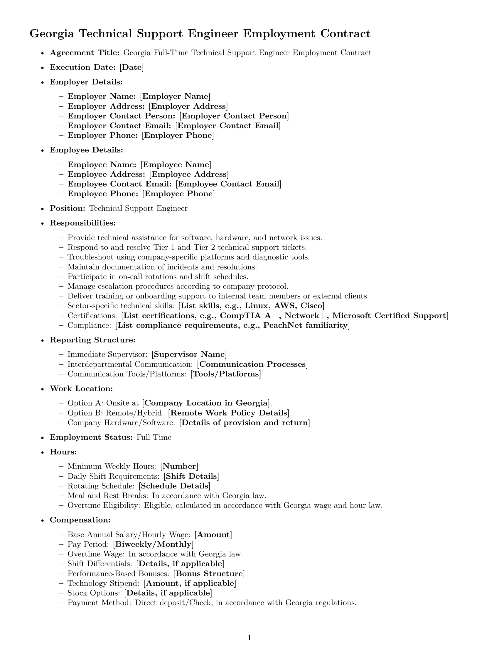 Preview page 1 of Free Georgia technical support engineer employment contract template