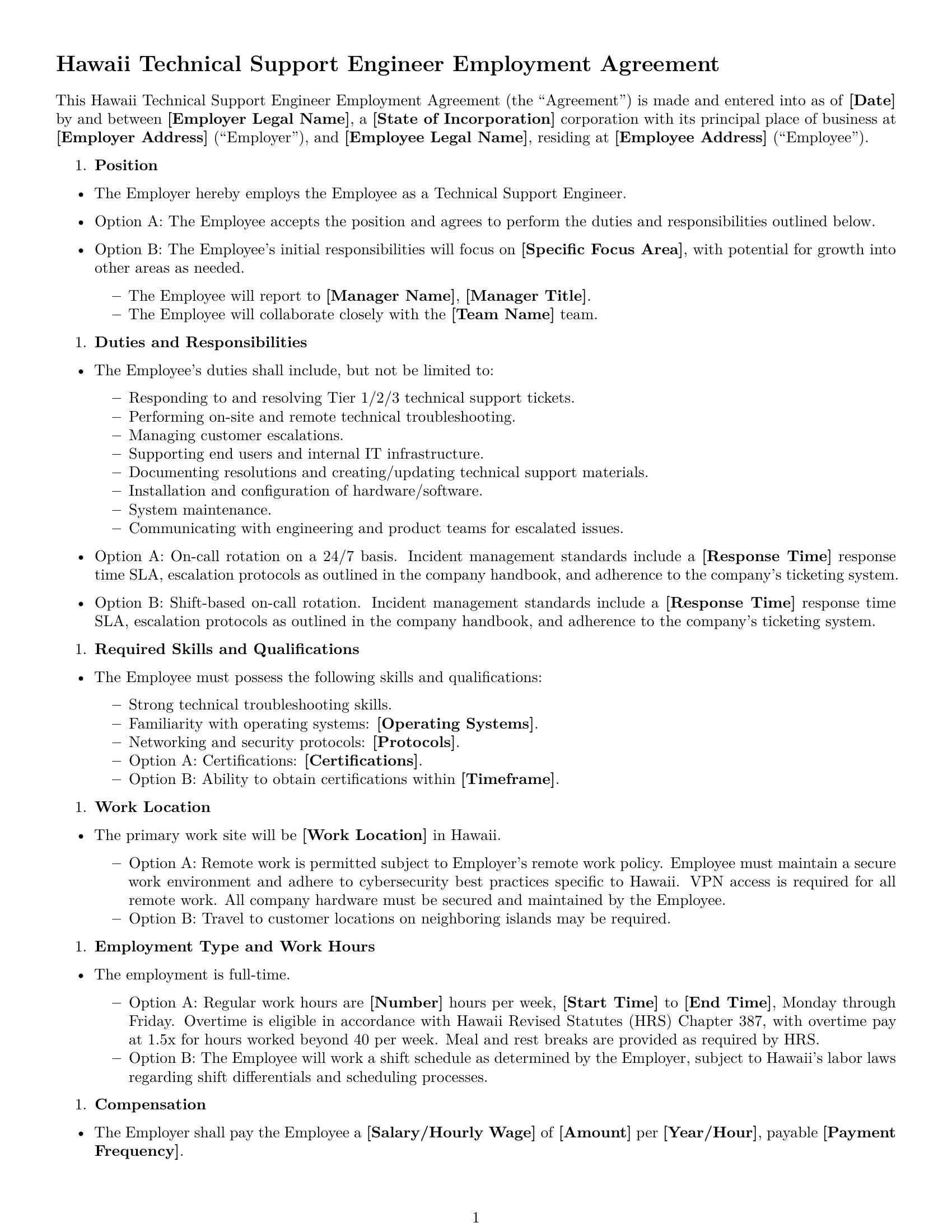 Preview page 1 of Free Hawaii technical support engineer employment contract template