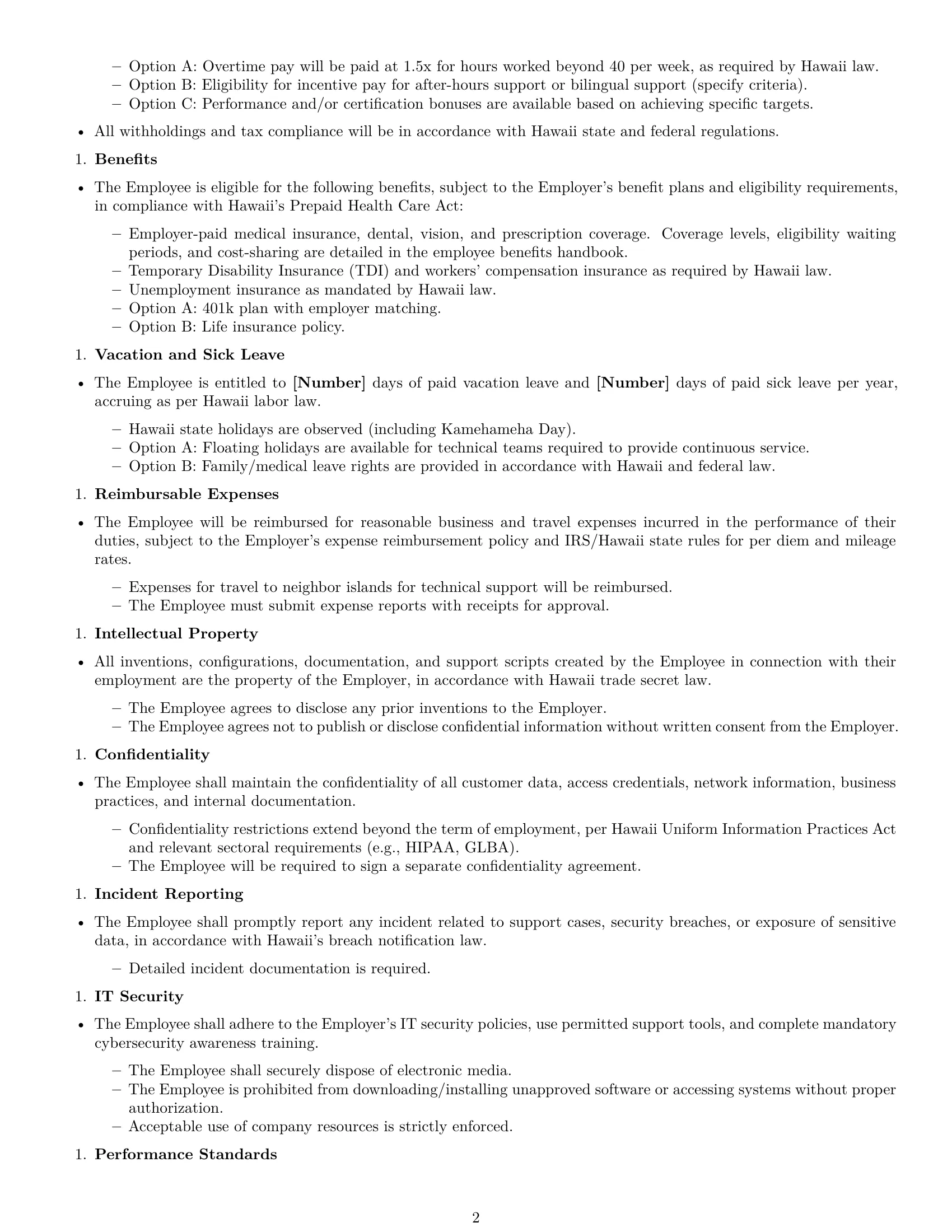 Preview page 2 of Free Hawaii technical support engineer employment contract template