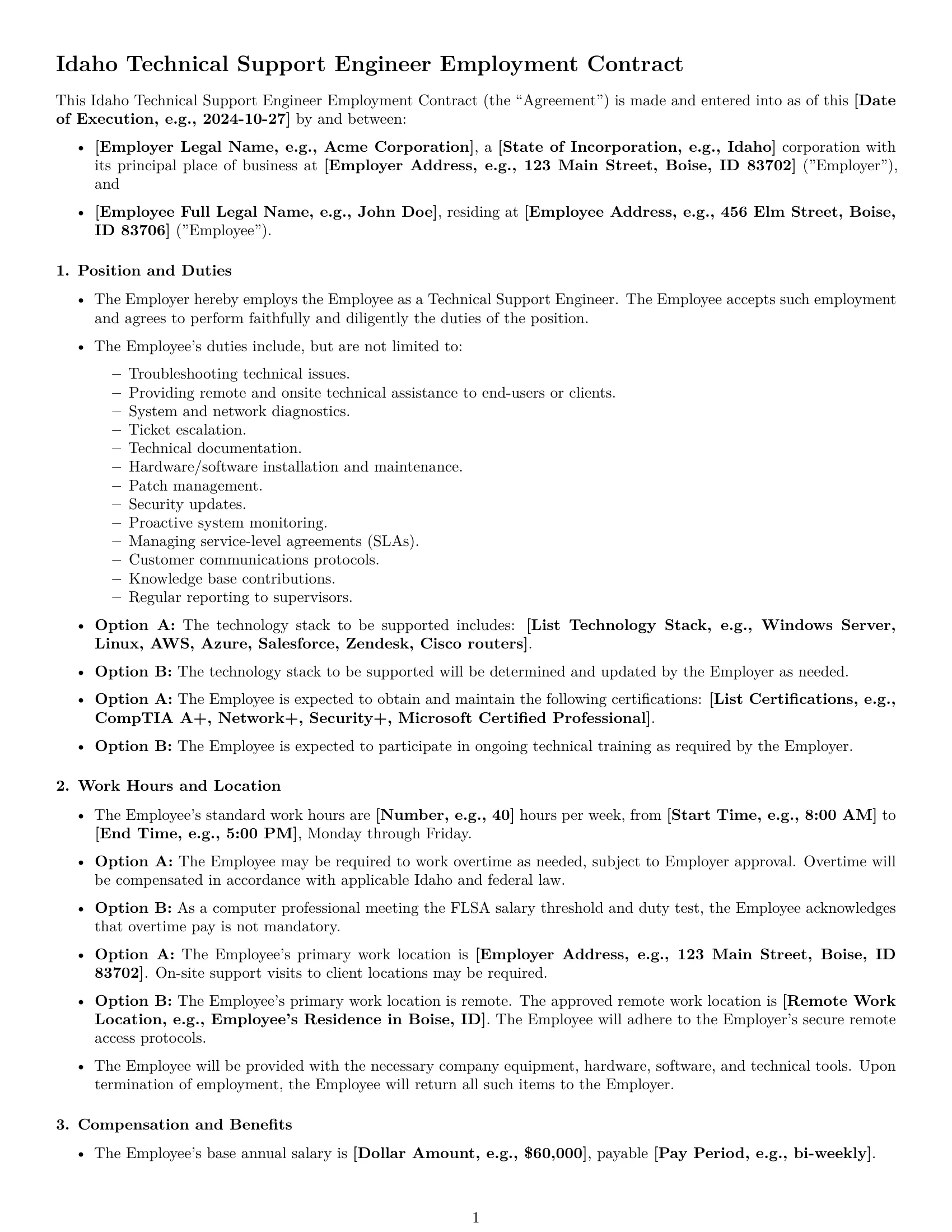 Preview page 1 of Free Idaho technical support engineer employment contract template