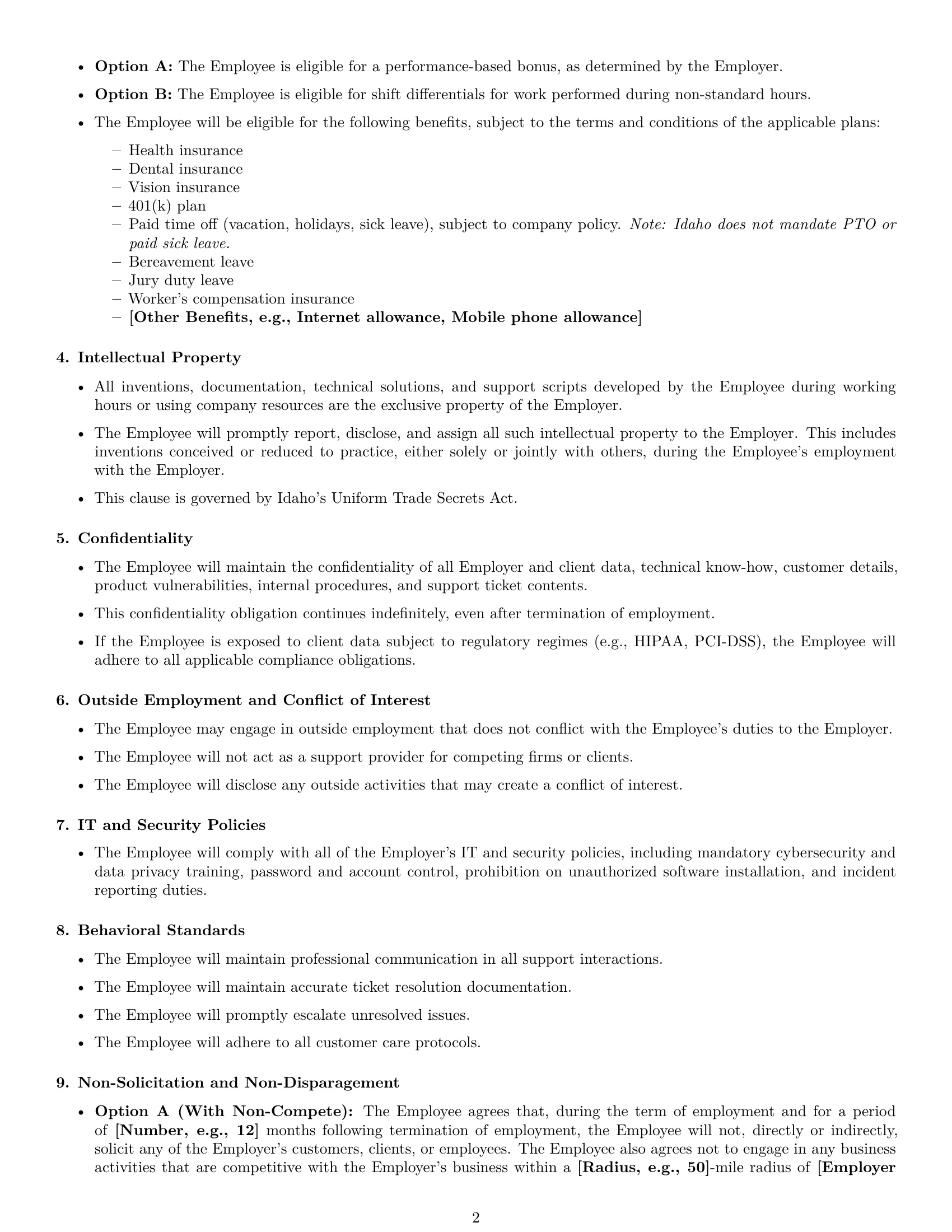 Preview page 2 of Free Idaho technical support engineer employment contract template