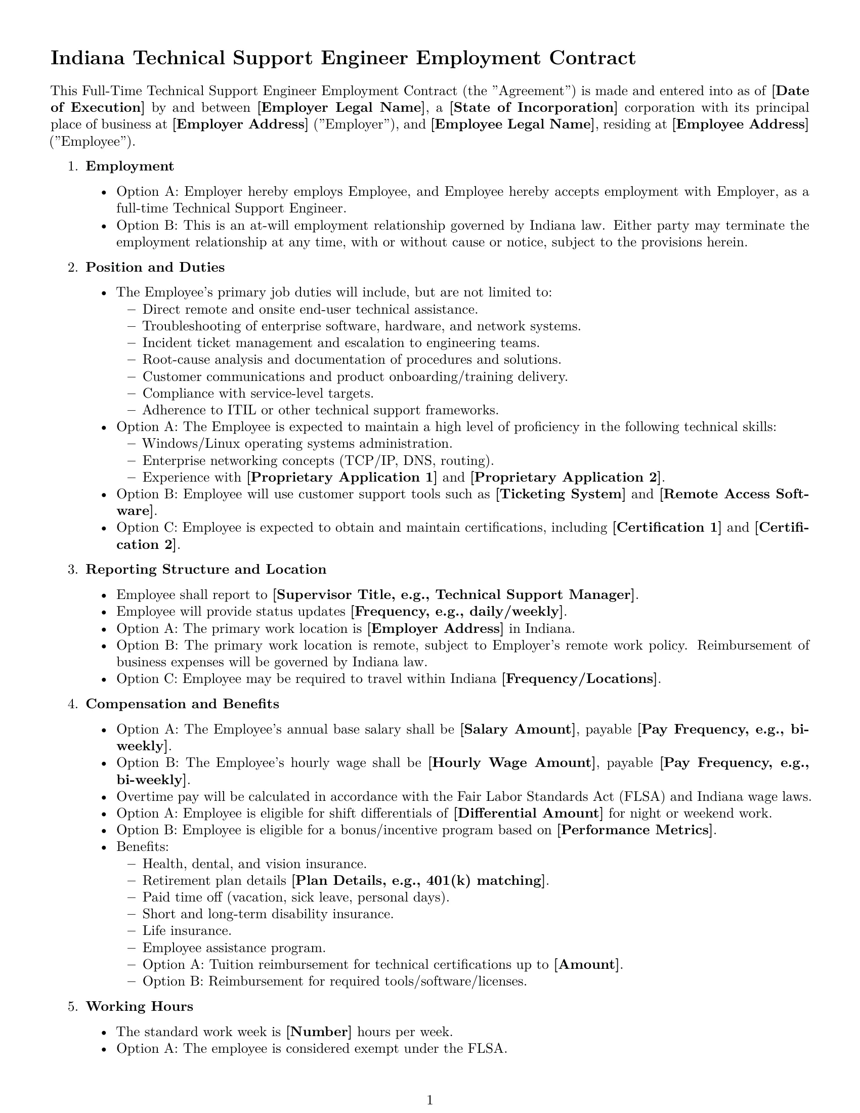 Preview page 1 of Free Indiana technical support engineer employment contract template
