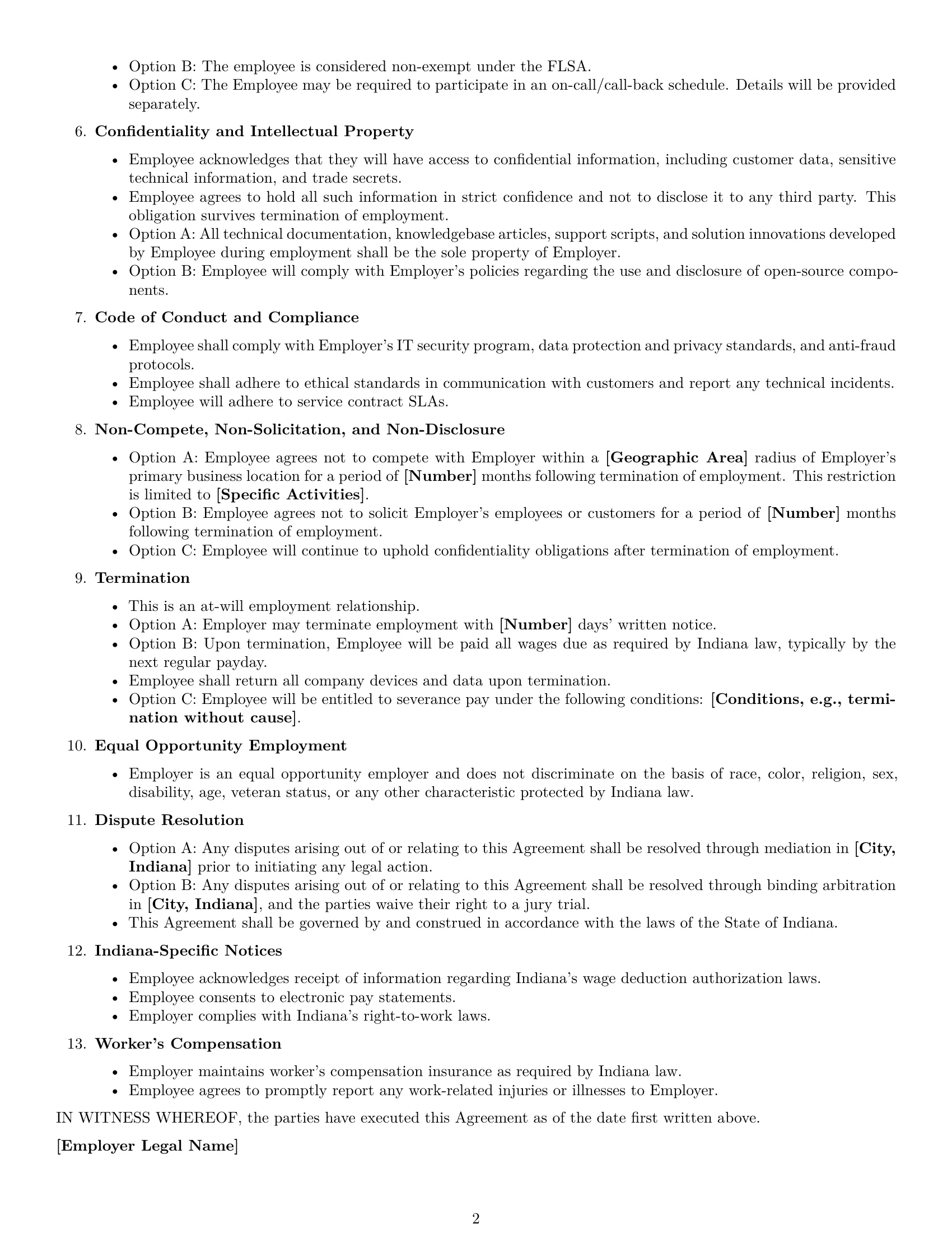 Preview page 2 of Free Indiana technical support engineer employment contract template