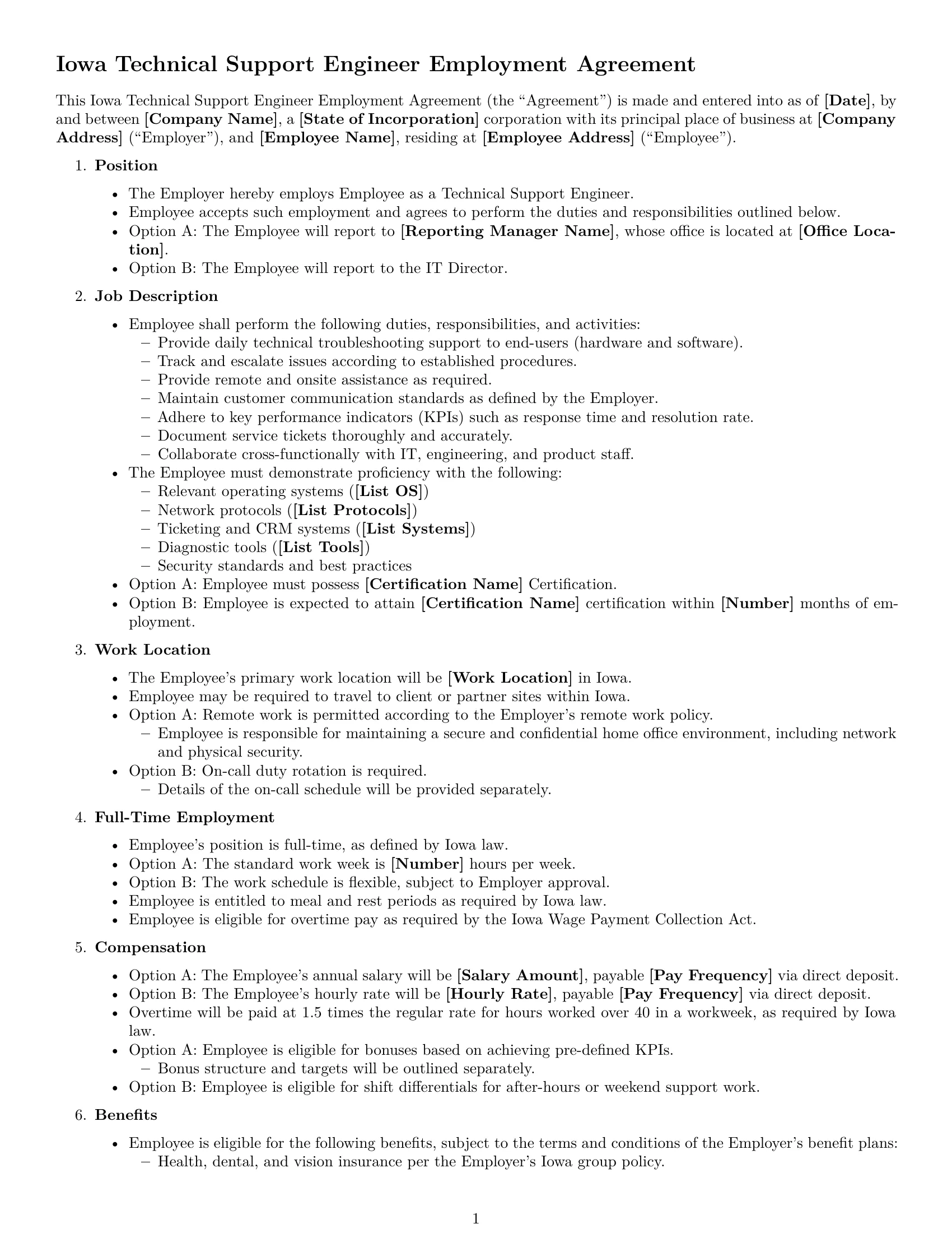 Preview page 1 of Free Iowa technical support engineer employment contract template