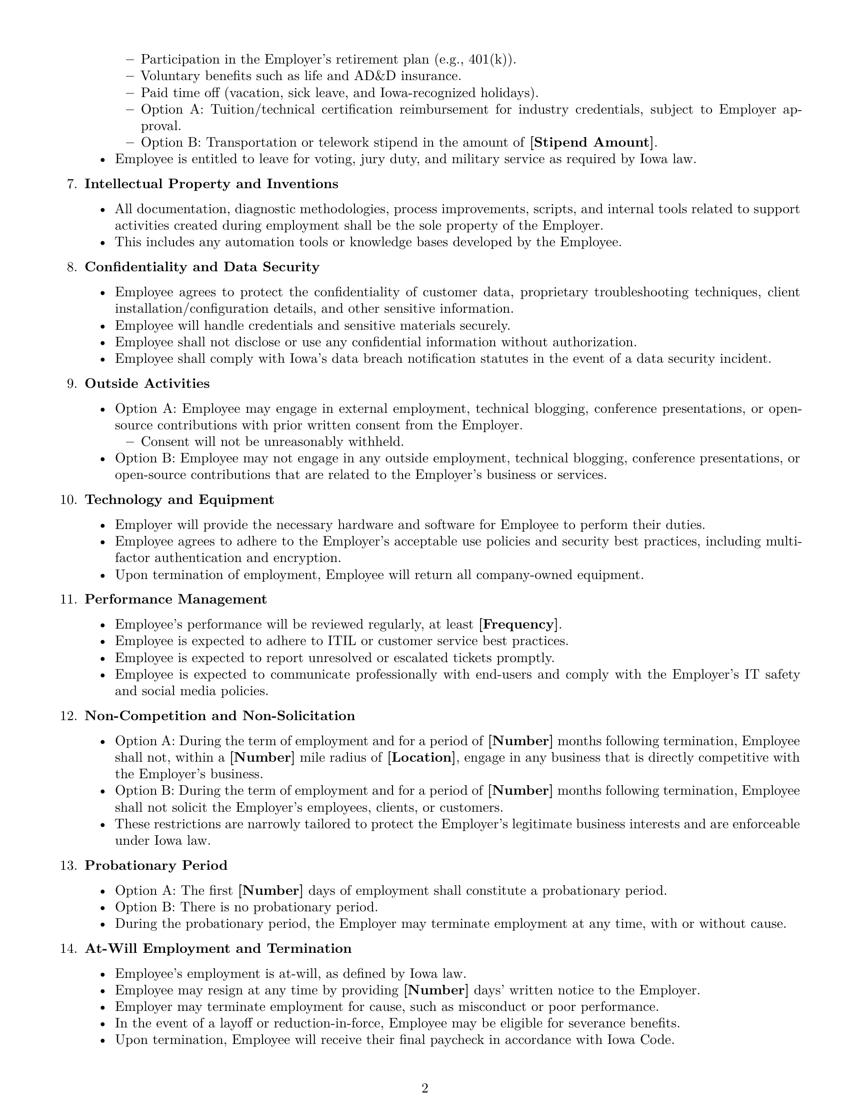 Preview page 2 of Free Iowa technical support engineer employment contract template