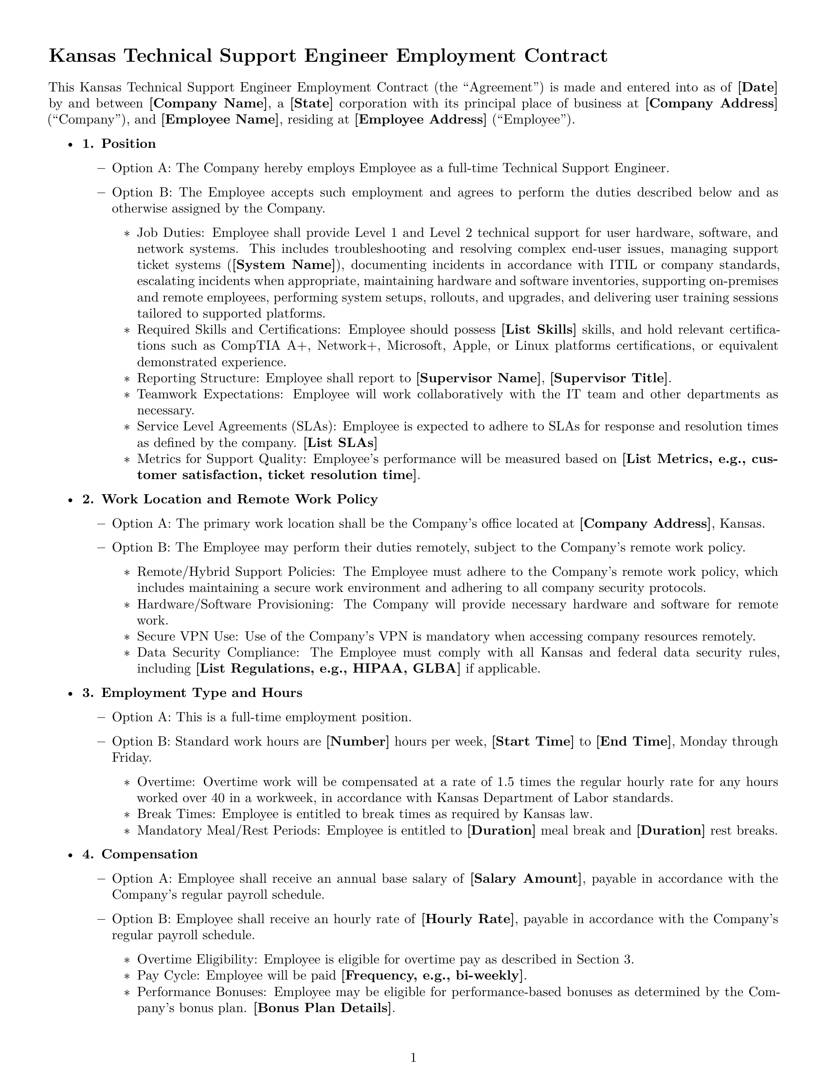 Preview page 1 of Free Kansas technical support engineer employment contract template