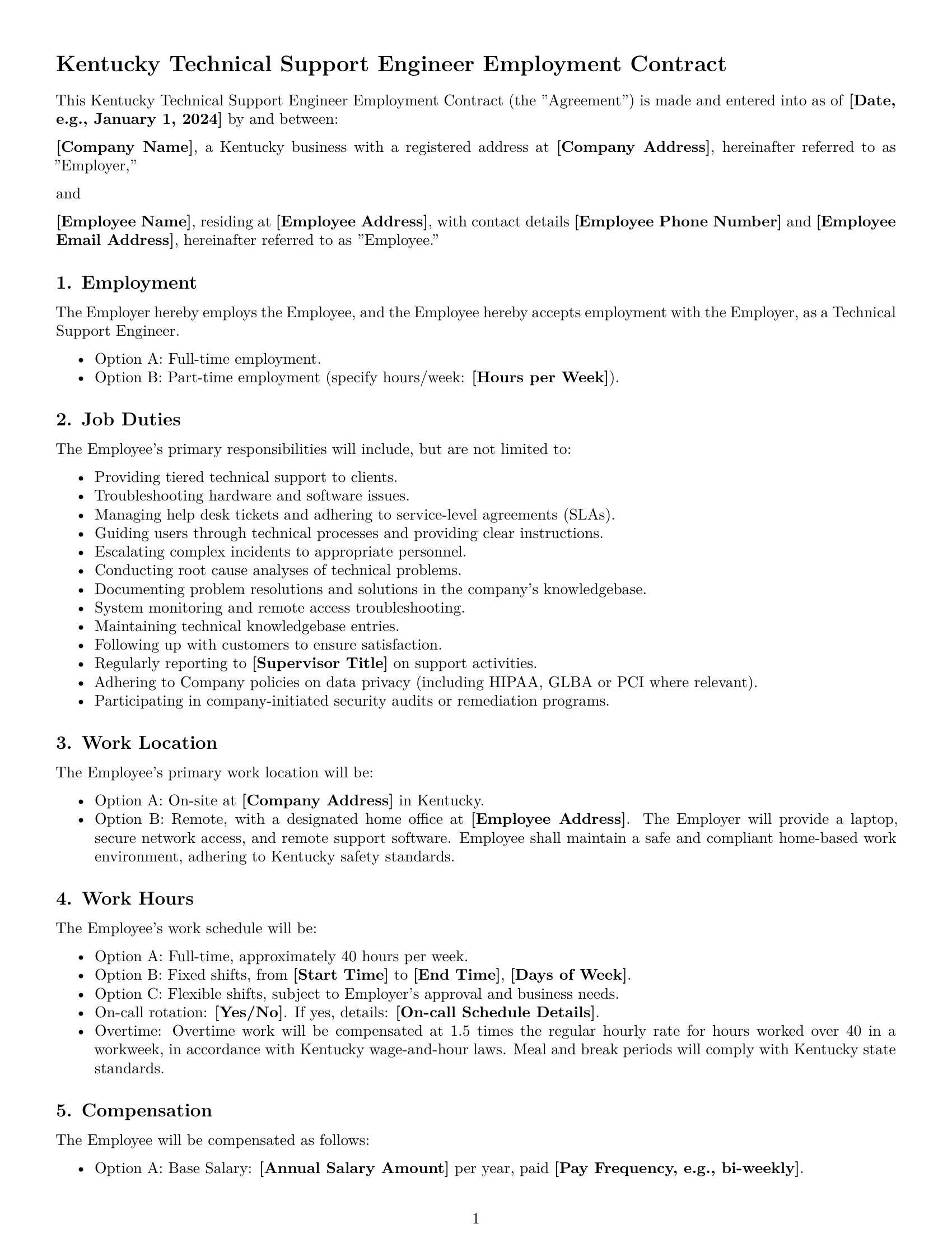 Preview page 1 of Free Kentucky technical support engineer employment contract template