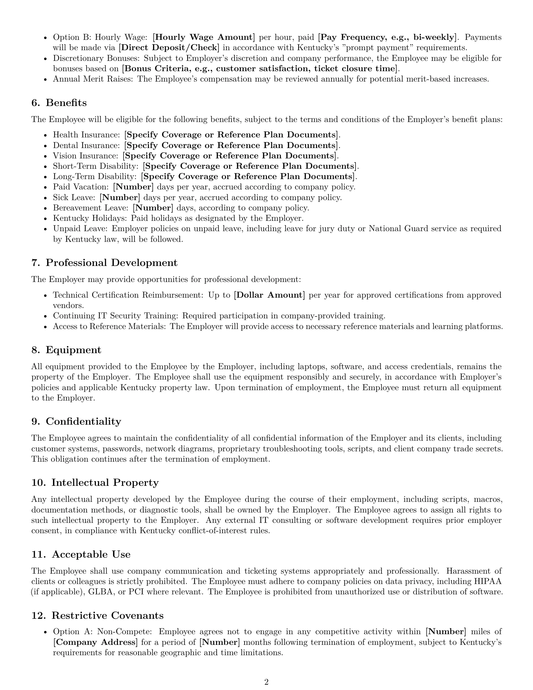 Preview page 2 of Free Kentucky technical support engineer employment contract template