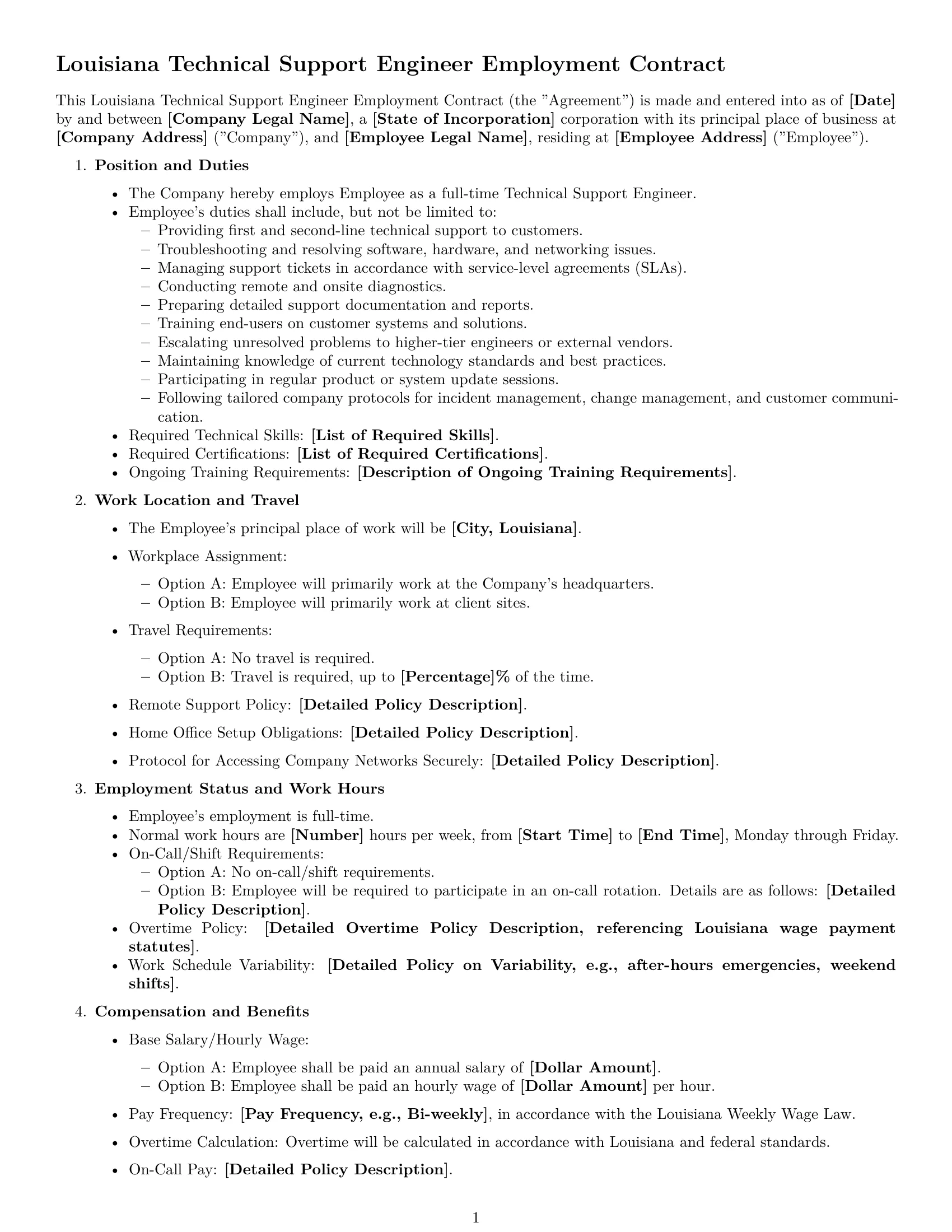 Preview page 1 of Free Louisiana technical support engineer employment contract template