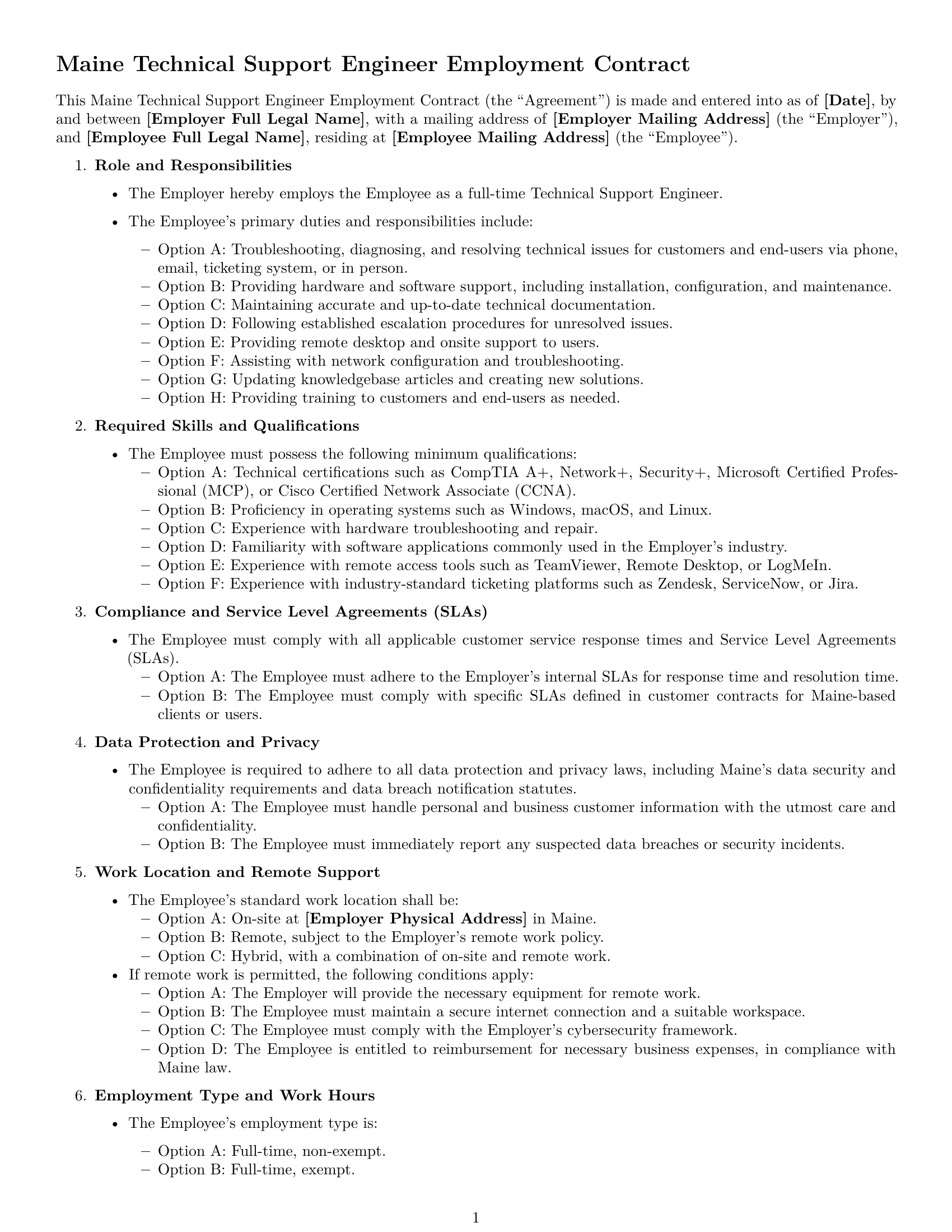 Preview page 1 of Free Maine technical support engineer employment contract template