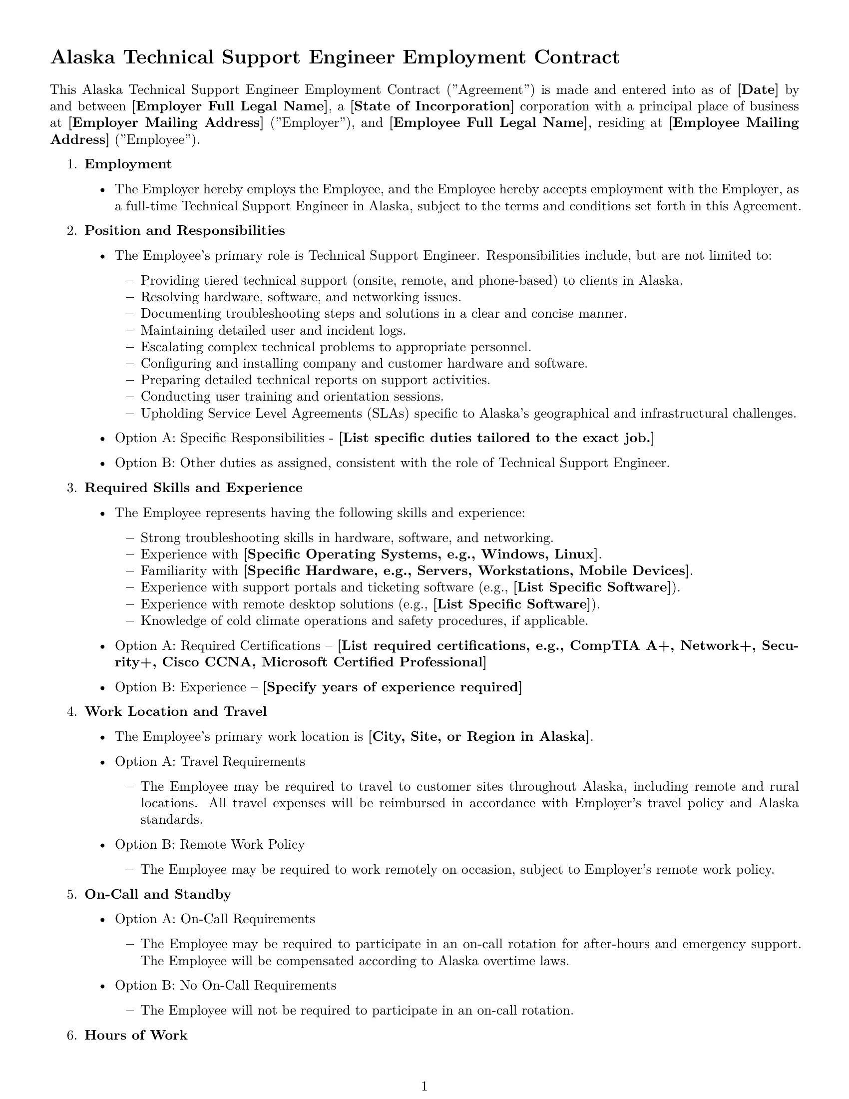 Preview page 1 of Free Alaska technical support engineer employment contract template
