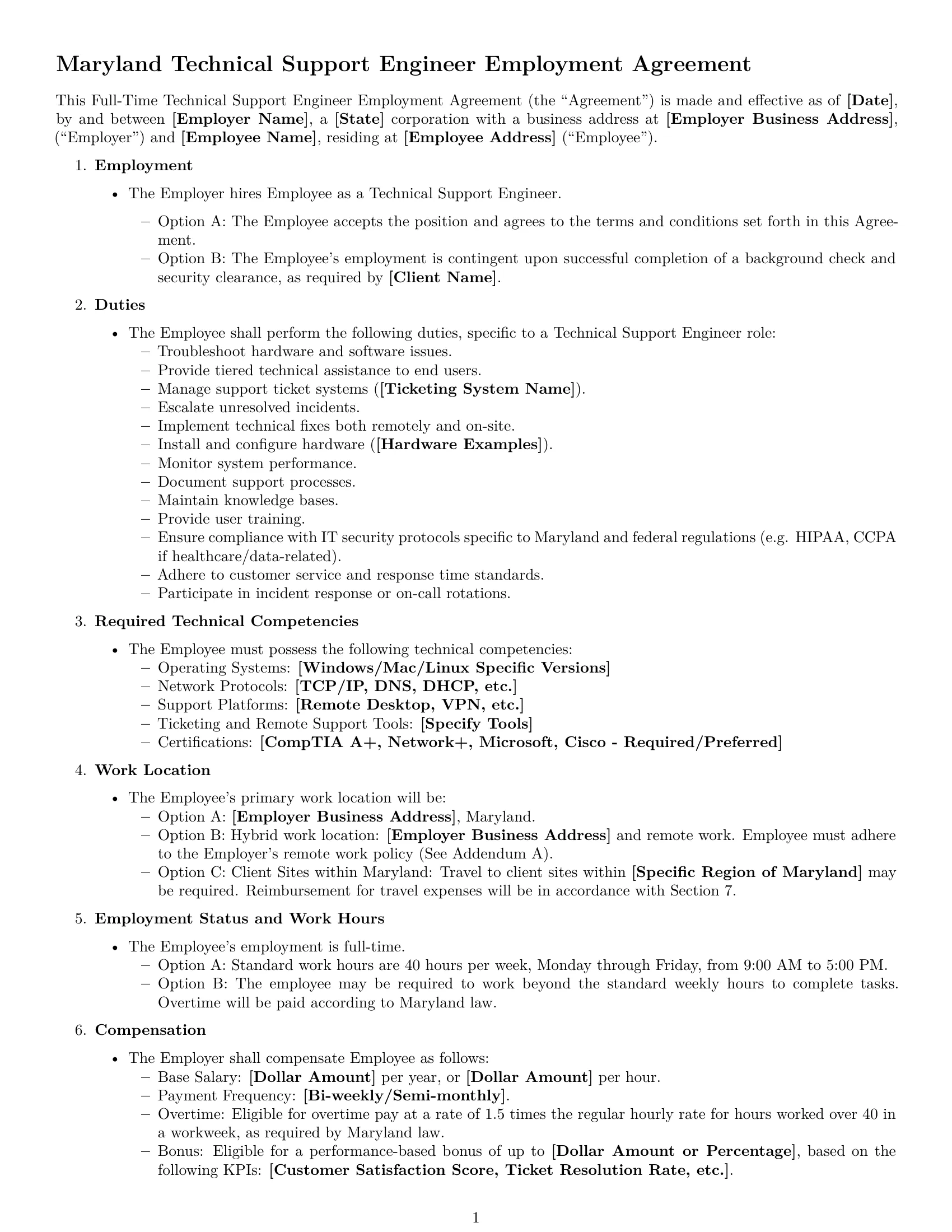 Preview page 1 of Free Maryland technical support engineer employment contract template