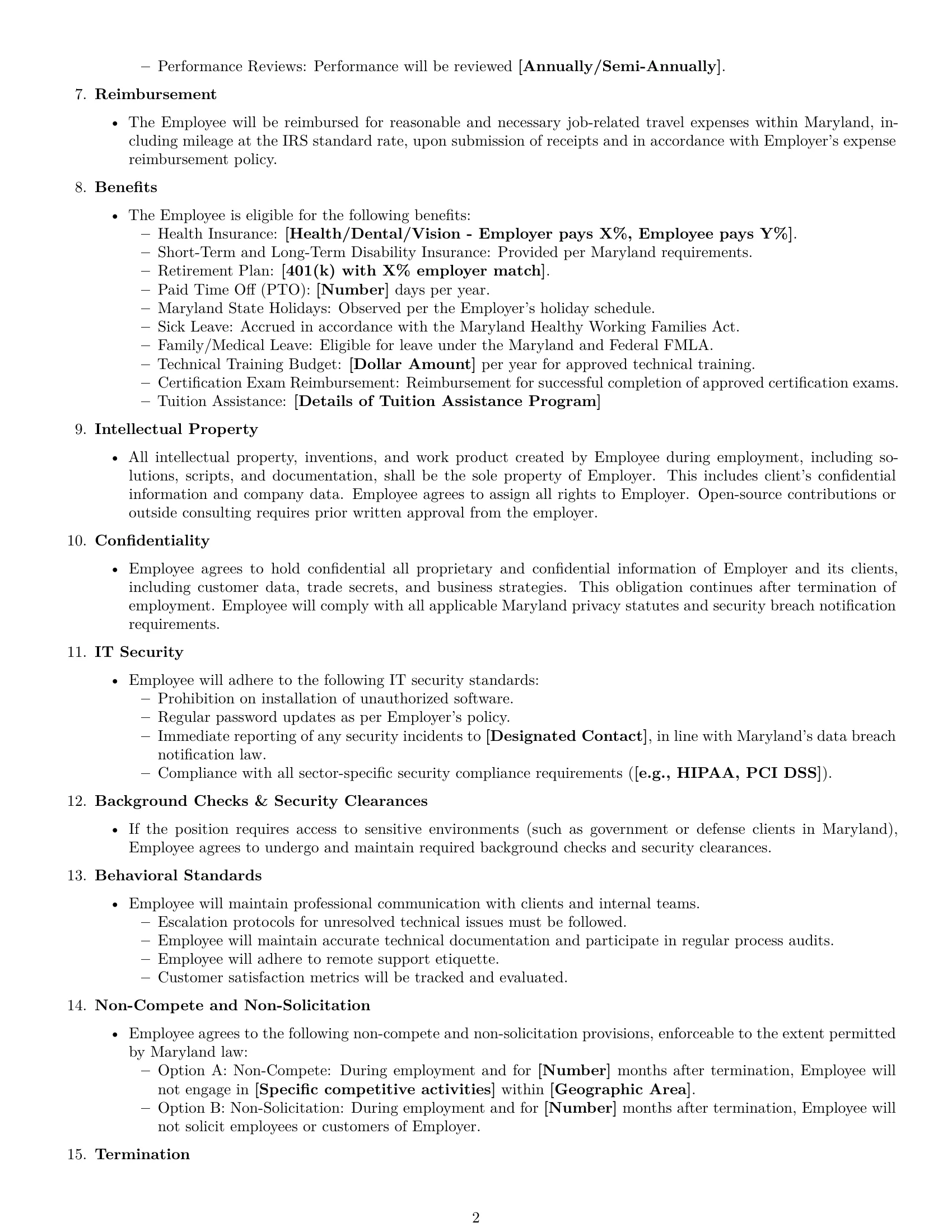 Preview page 2 of Free Maryland technical support engineer employment contract template