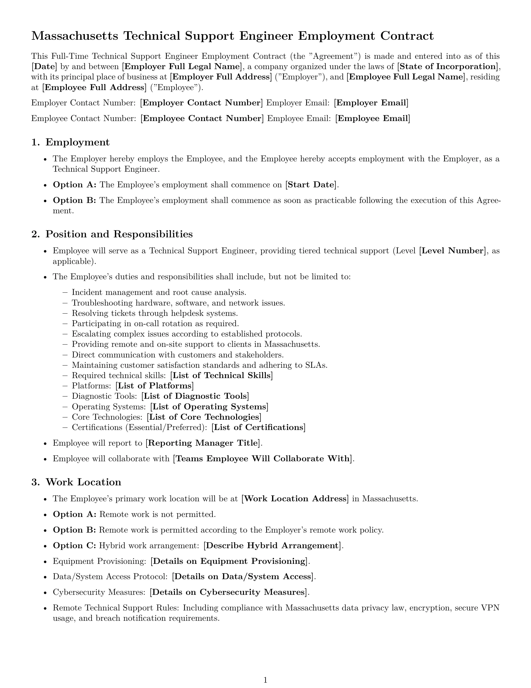 Preview page 1 of Free Massachusetts technical support engineer employment contract template
