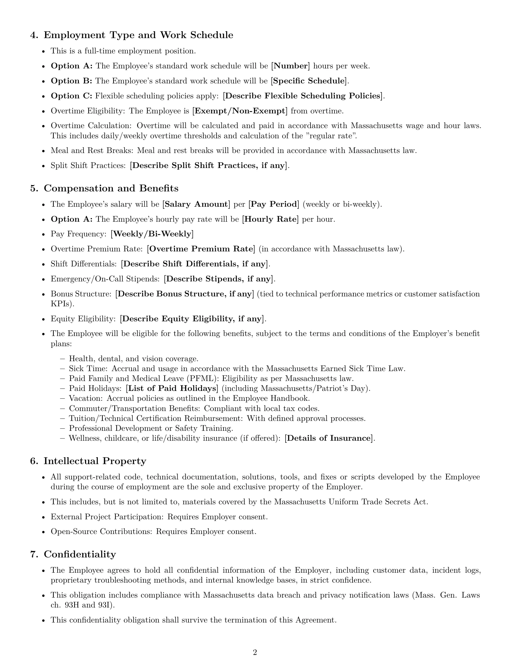 Preview page 2 of Free Massachusetts technical support engineer employment contract template